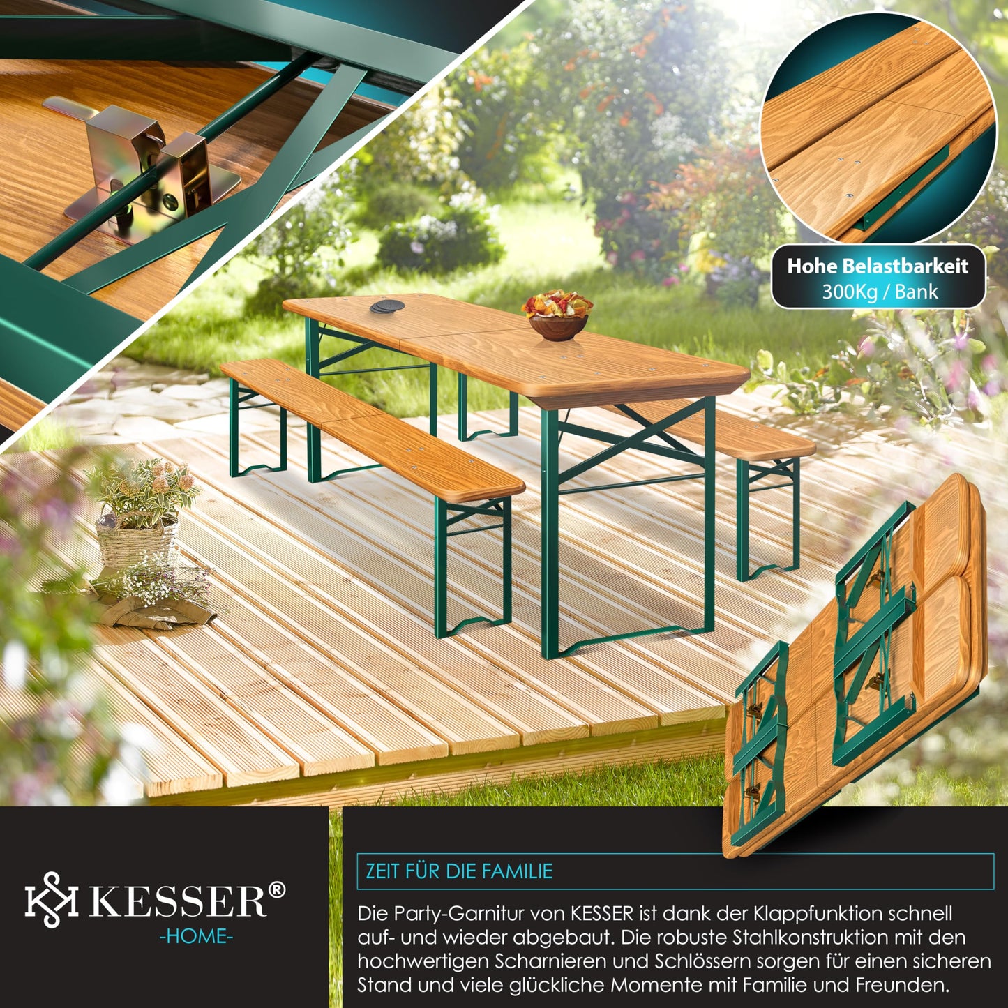 KESSER® Bierzeltgarnitur 3 teilig Gartenmöbel-Set | Klappbar 220 x 50 x 77cm | 2X Bierbänke 1x Biertisch | Festzeltgarnitur Biertisch Stehtisch Sitzgarnitur Holz 16-teiliges Bodenschoner-Set