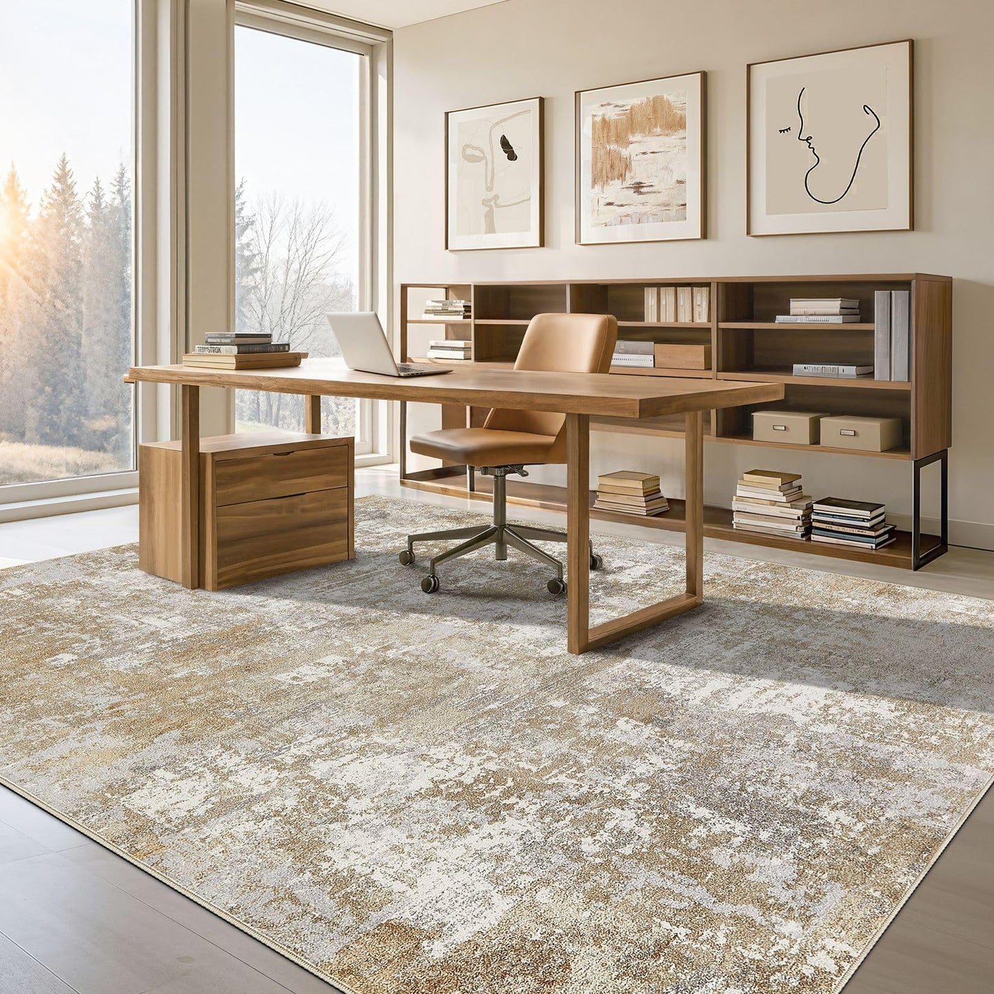 Tortania Washable 5x7 Area Rug for Living Room: Modern Abstract Neutral Large Soft Thin Rugs - Non Slip Indoor Carpet for Bedroom Dining Room Office Nursery Home Floor Decoration - Grey
