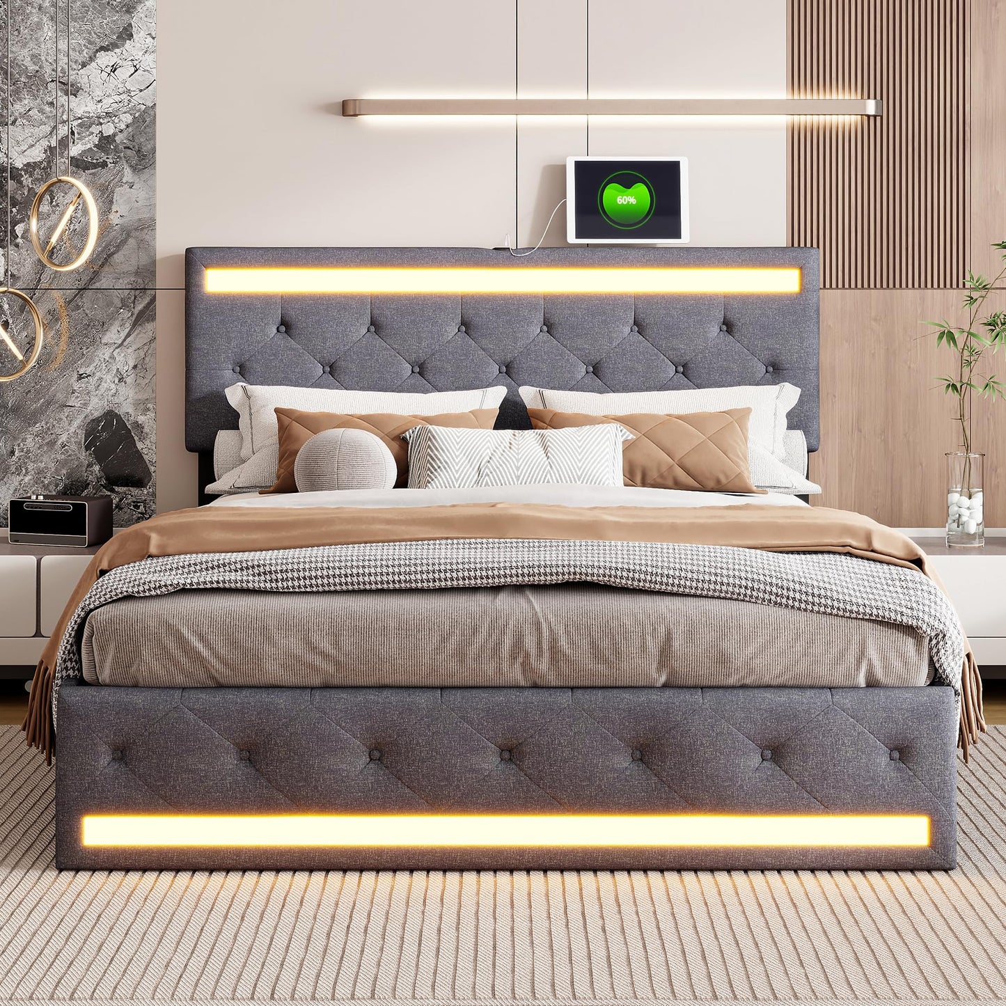 KeepGoon Doppelbett 140 x 200 cm,Polsterbett mit LED-Leuchten, 4 Eisenschubladen und einem USB Ladeanschluss,Stauraumbetten Bettgestell,Leinenstoff (Beige)