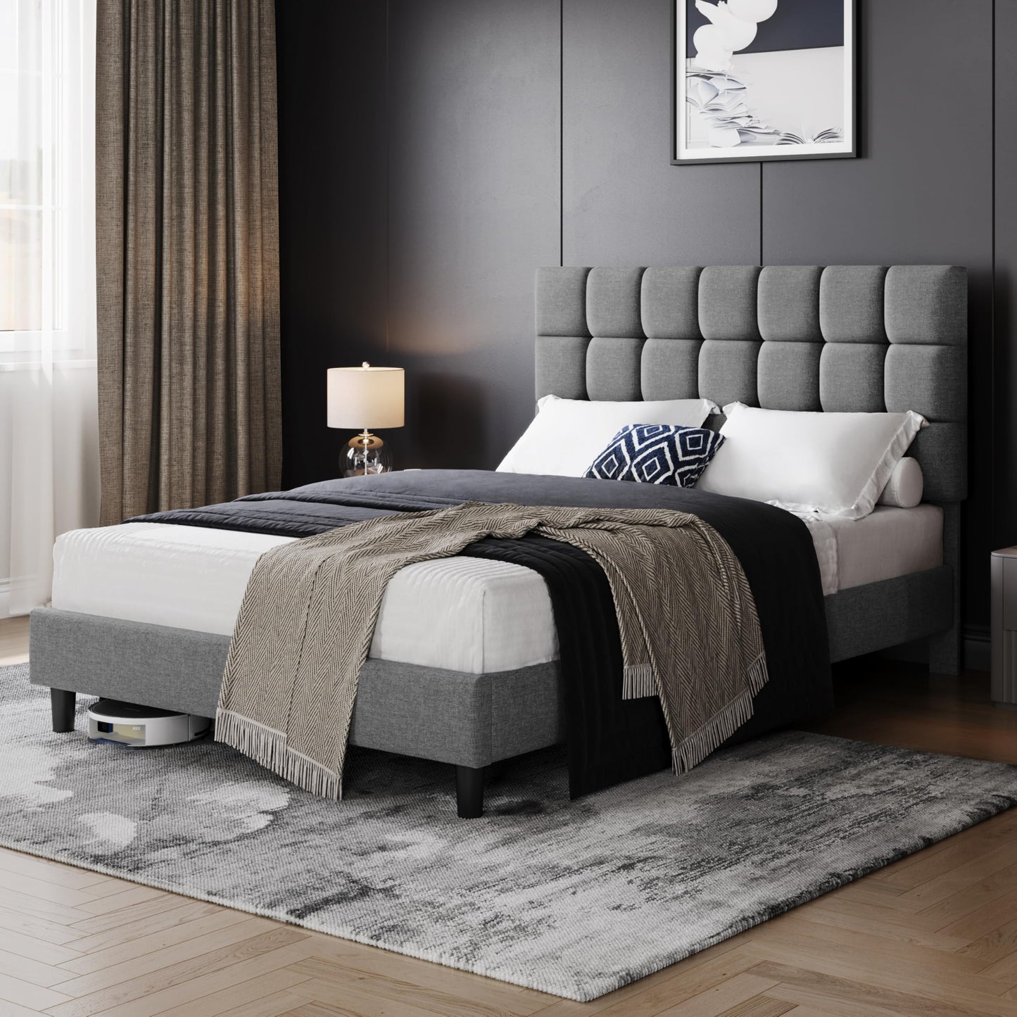 Yaheetech Upholstered Bed 140 x 200 cm Double Bed with Height-Adjustable Headboard, Sturdy Bed Frame, Fabric Bed with Slatted Frame, Padded Bed Frame, Youth Bed, Dark Grey