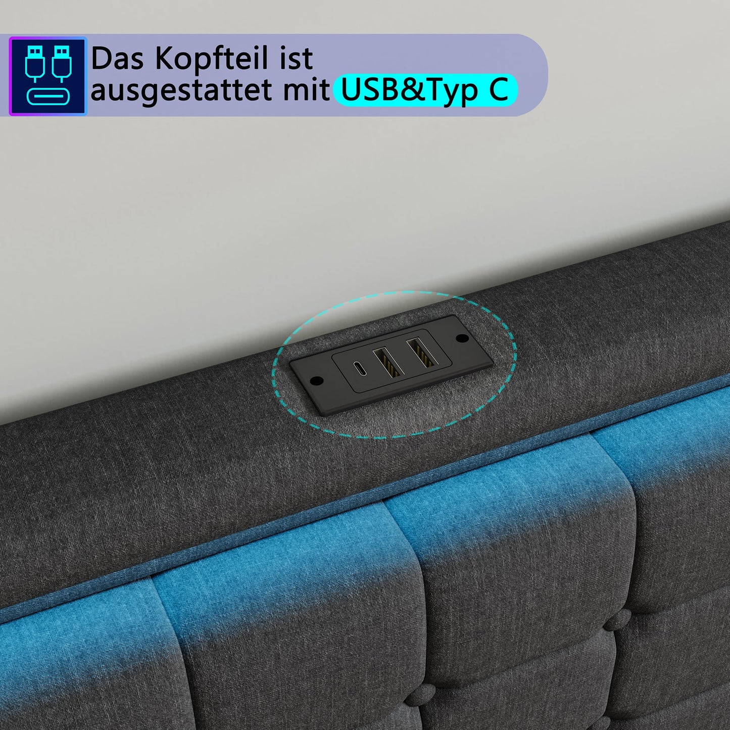 KeepGoon Doppelbett 140 x 200 cm,Polsterbett mit LED-Leuchten, 4 Eisenschubladen und einem USB Ladeanschluss,Stauraumbetten Bettgestell,Leinenstoff (Beige)