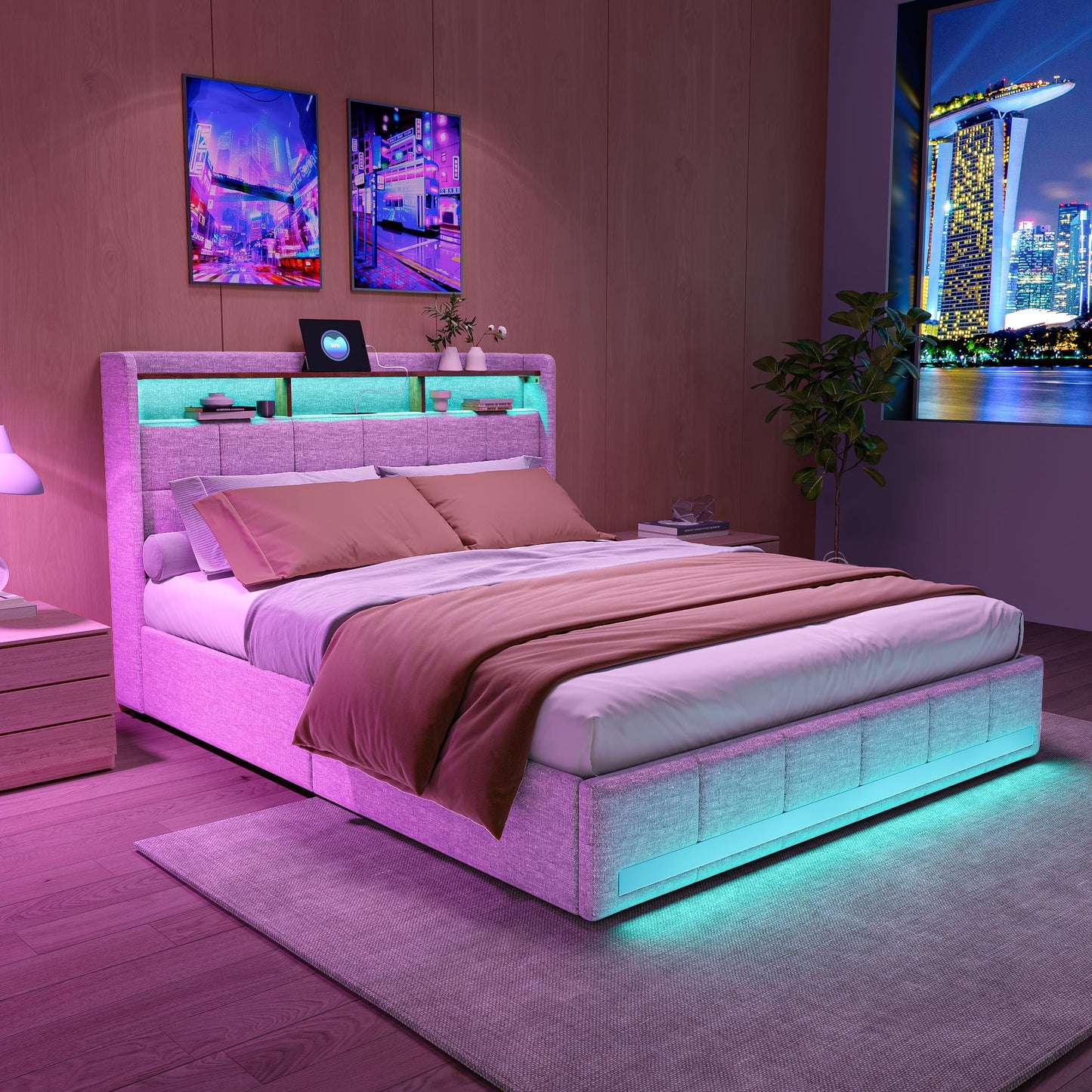 KeepGoon Doppelbett 140 x 200 cm,Polsterbett mit LED-Leuchten, 4 Eisenschubladen und einem USB Ladeanschluss,Stauraumbetten Bettgestell,Leinenstoff (Beige)