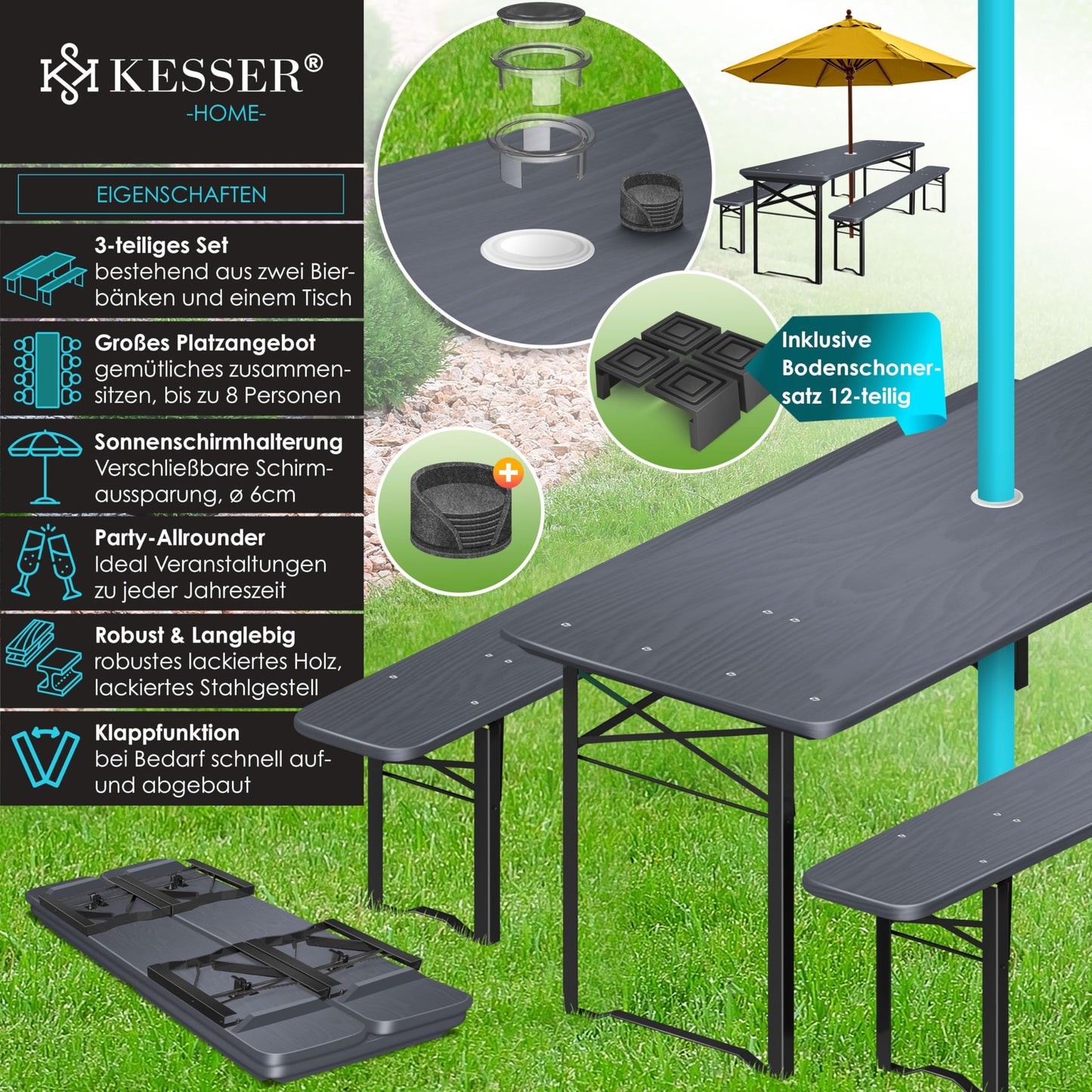 KESSER® Bierzeltgarnitur 3 teilig Gartenmöbel-Set | Klappbar 220 x 50 x 77cm | 2X Bierbänke 1x Biertisch | Festzeltgarnitur Biertisch Stehtisch Sitzgarnitur Holz 16-teiliges Bodenschoner-Set