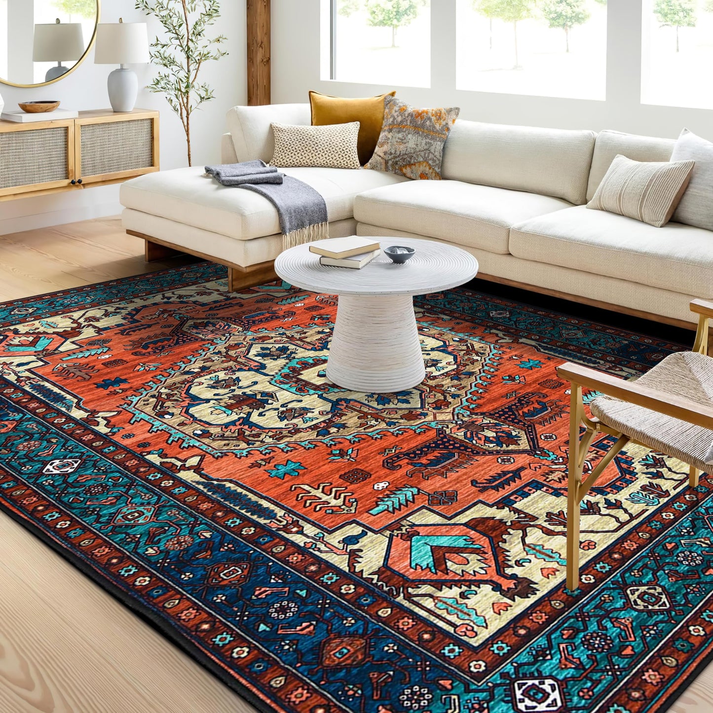 WONGS BEDDING Boho Rug Living Room Bedroom Short Pile Rugs Washable Soft Non-Slip Vintage Design