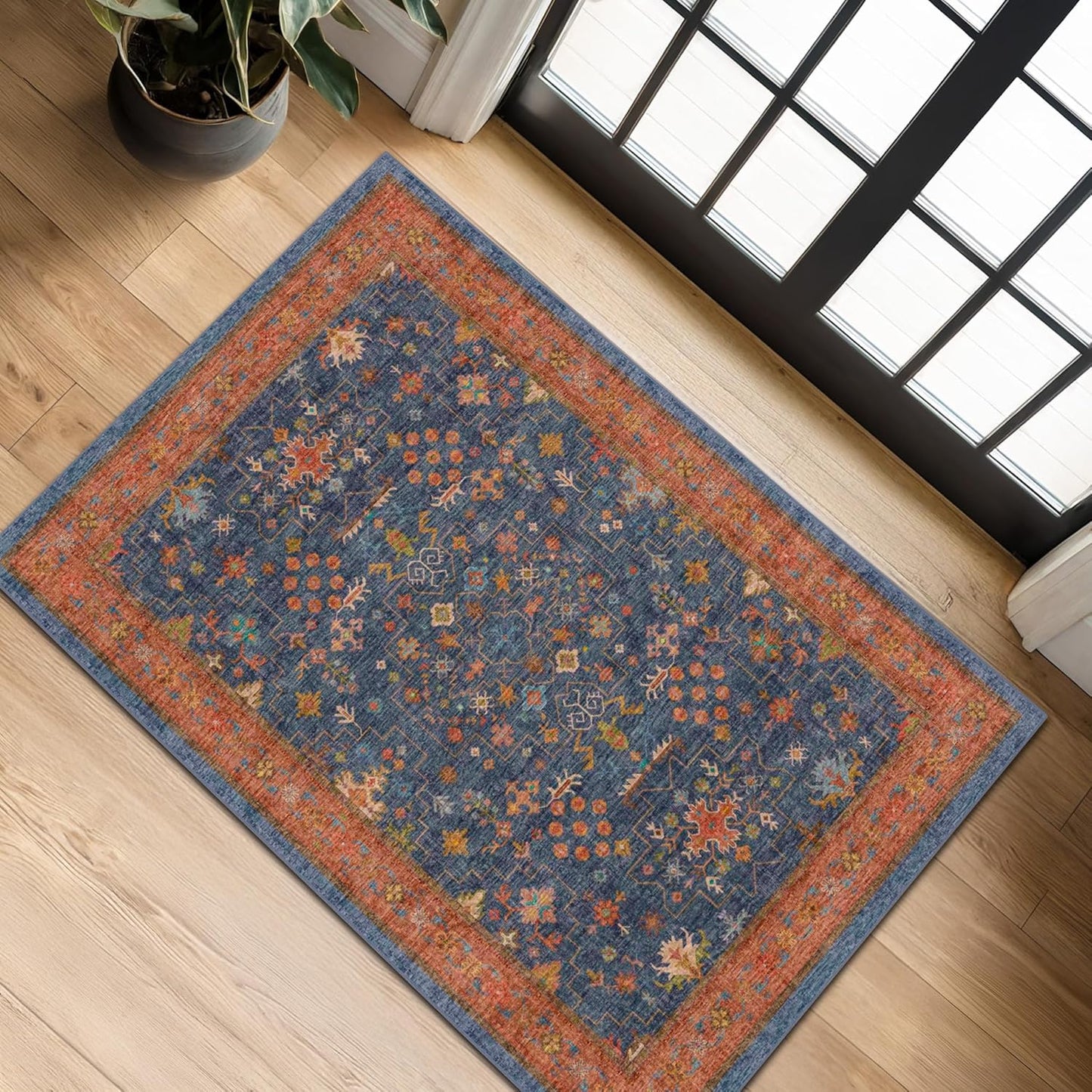 Black Washable Entry Rug, 2x3 Small Rugs for Entryway Kitchen Bathroom Door Mat Indoor Entrance, Non Slip Rubber Backing, Stain & Fade Resistant, Ashen Charcoal Floral Farmhouse Decor