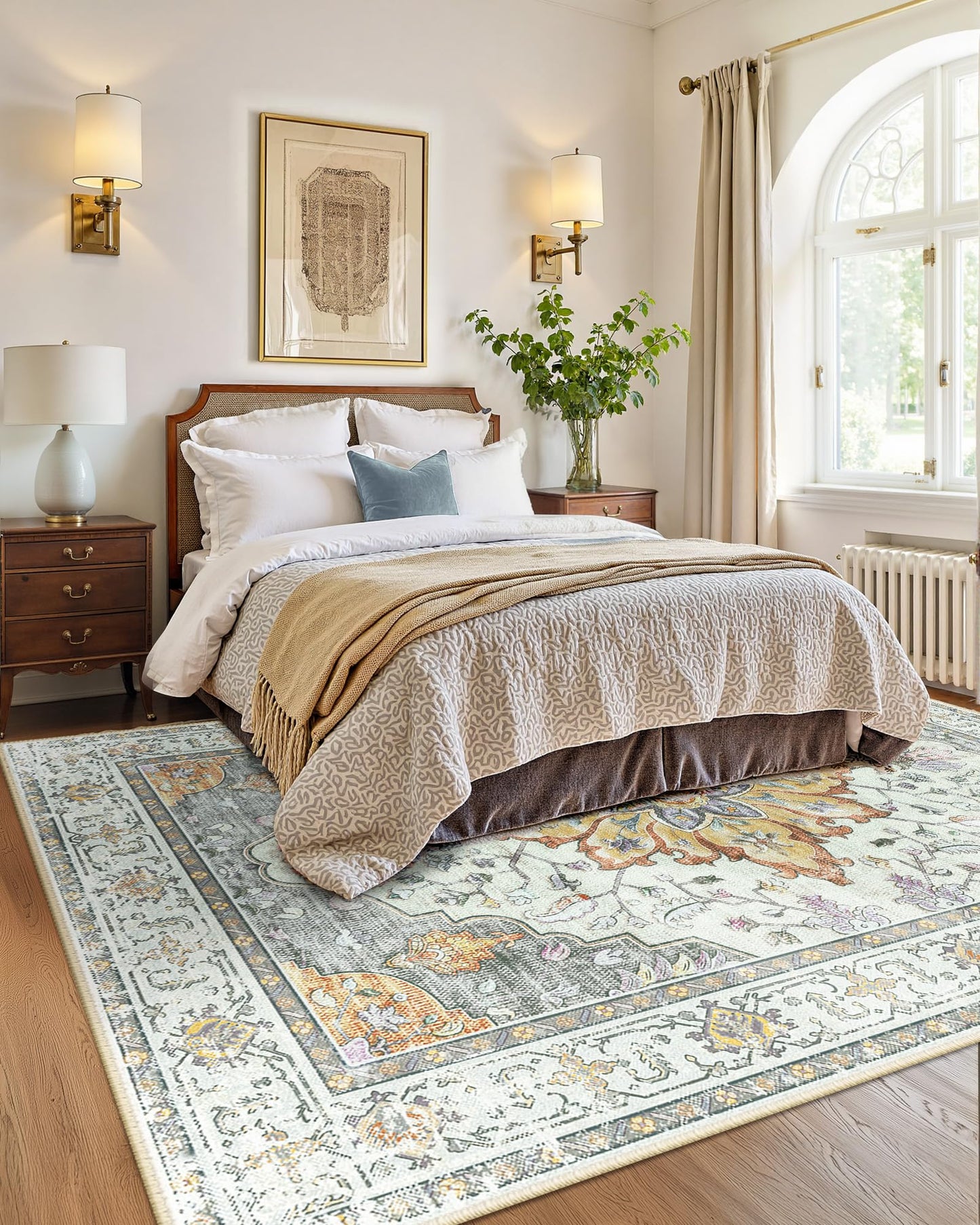 INOVADAY Vintage Waschbarer Teppich Wohnzimmer 90x150 cm Boho Kurzflor rutschfest Teppich Weich Teppiche mit Druckmuster für Schlafzimmer, Esszimmer, Büro Beige/Blau/Orange