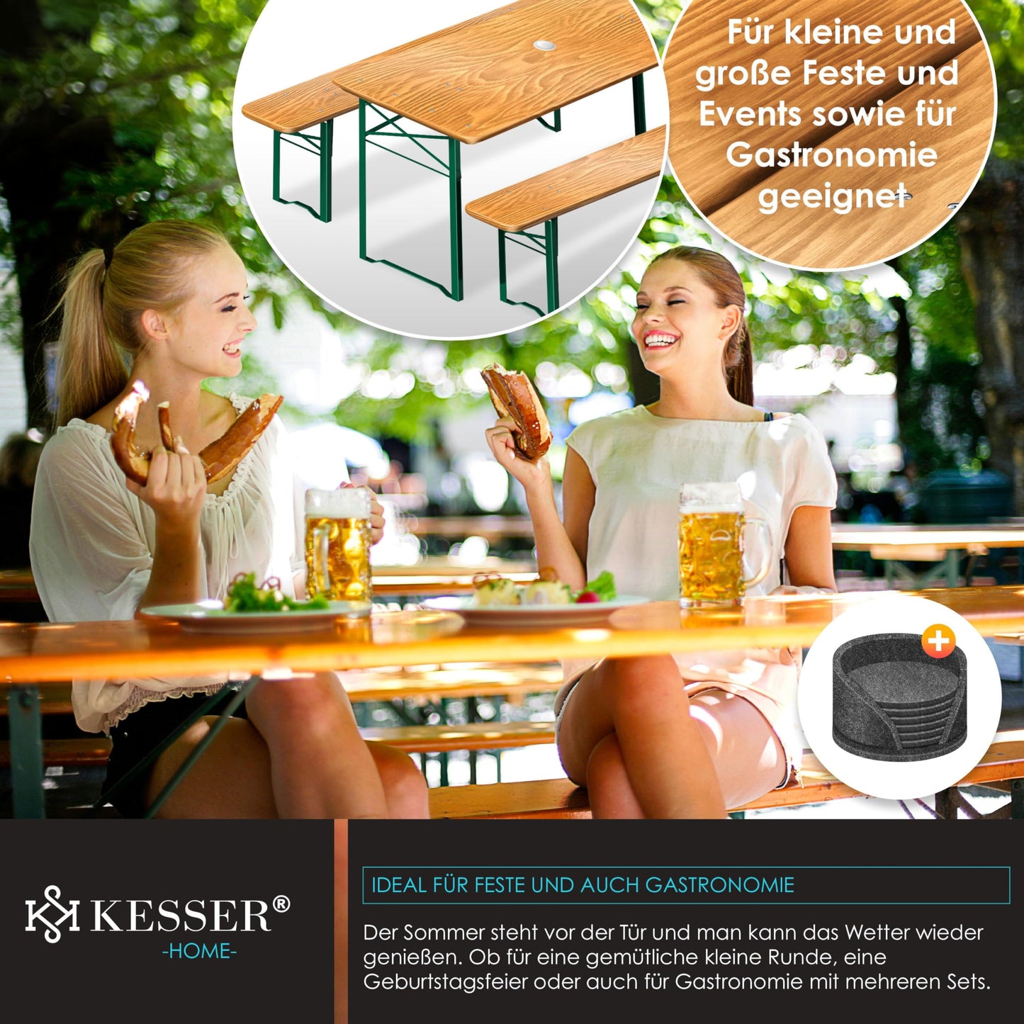 KESSER® Bierzeltgarnitur 3 teilig Gartenmöbel-Set | Klappbar 220 x 50 x 77cm | 2X Bierbänke 1x Biertisch | Festzeltgarnitur Biertisch Stehtisch Sitzgarnitur Holz 16-teiliges Bodenschoner-Set