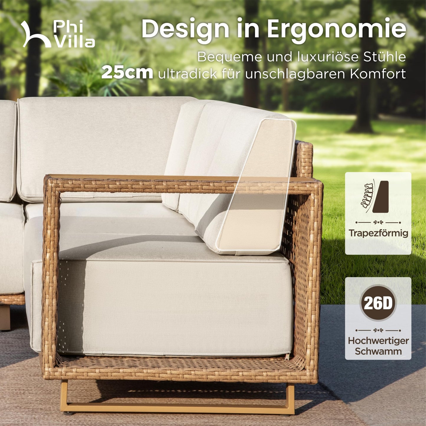 PHI VILLA Rattan Gartenmöbel Set Balkonmöbel für 6, Lounge Möbel Outdoor Sofa Sets für Garten und Terrasse, Allwetter Gartensofa Terassenmöbel Außen mit Dicken Weißen Kissen und Ergonomischem Design
