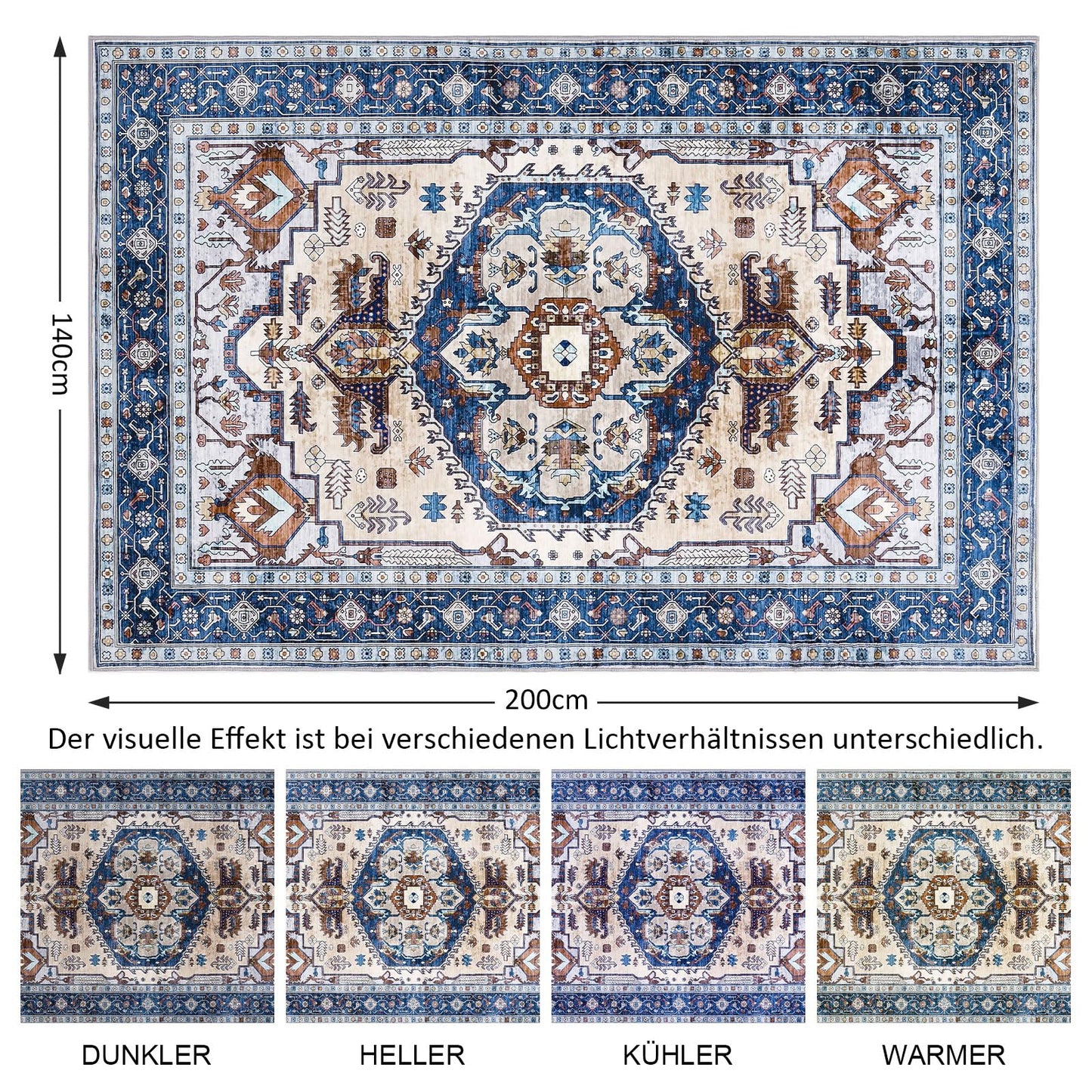 WONGS BEDDING Boho Rug Living Room Bedroom Short Pile Rugs Washable Soft Non-Slip Vintage Design