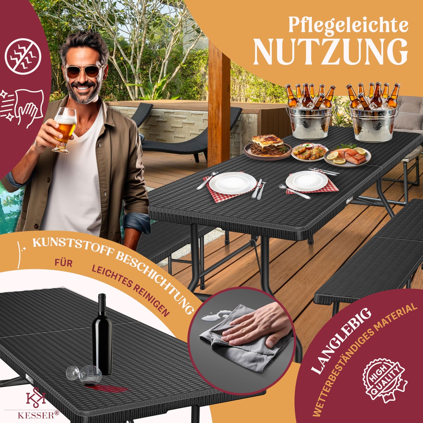 Kesser® Beer Tent Set – 3 Piece Set, Table + 2 x Bench, for Indoor / Outdoor, Folding, Carry Handles, HxWxD: 73 x 180 x 75 cm, Plastic, Rattan-Look Garden Set, Folding Table, Garden Table, Black