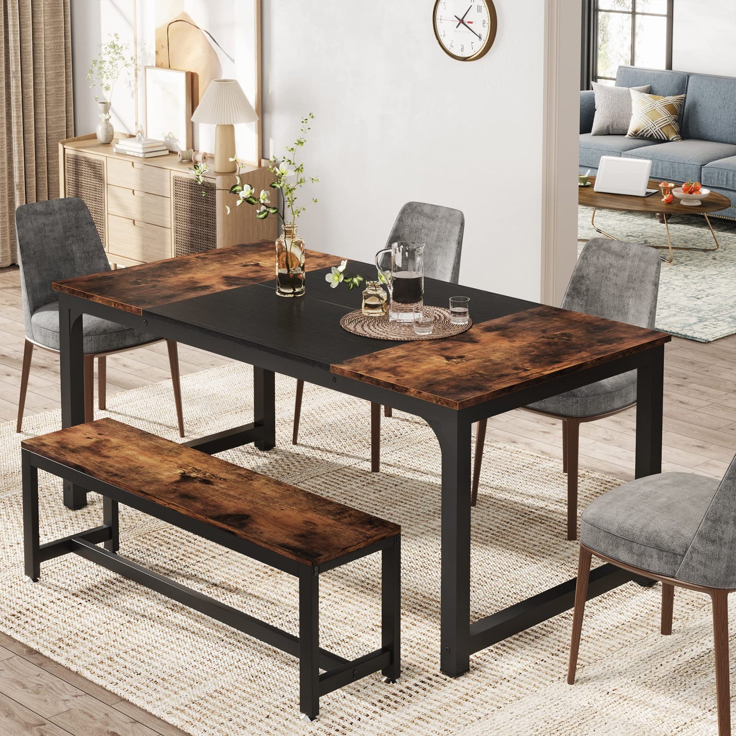 Tribesigns 160 x 80 cm Esstisch, industrieller Küchentisch für 4-6 Personen, rechteckiger Esstisch für Esszimmer, Küche, Wohnzimmer, mit robusten Metallbeinen (Rustikales Braun)