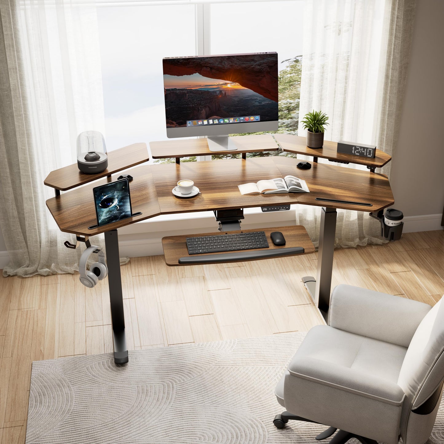 EUREKA ERGONOMIC Height Adjustable Desk 182 x 76 cm Standing Desk in Wing Shape Gaming Table Height Adjustable Electric Large Gaming Desk with LED Monitor Stand and Keyboard Shelf