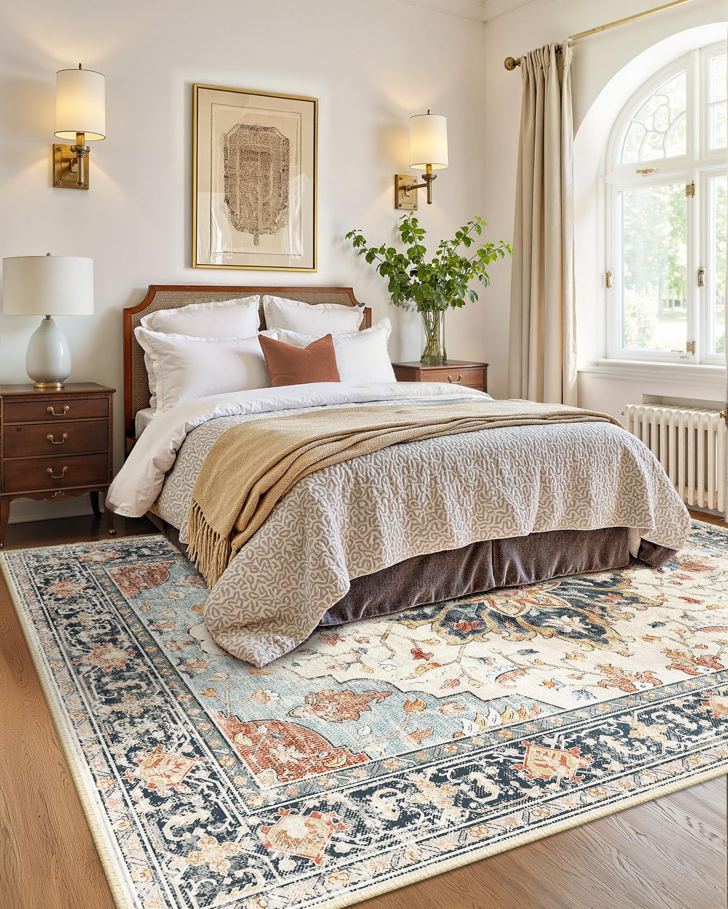 INOVADAY Vintage Waschbarer Teppich Wohnzimmer 90x150 cm Boho Kurzflor rutschfest Teppich Weich Teppiche mit Druckmuster für Schlafzimmer, Esszimmer, Büro Beige/Blau/Orange