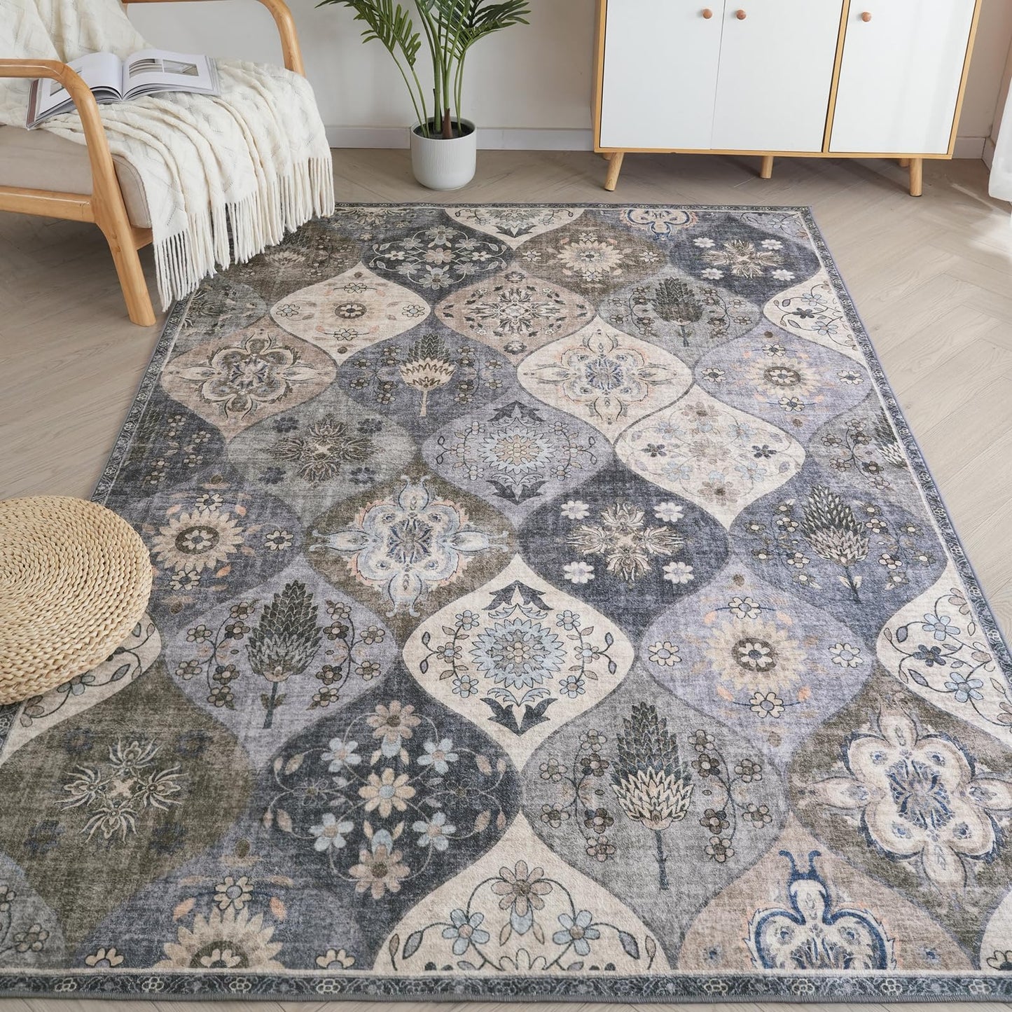 Xfrog Blumen Boho Teppich - Rutschfester Waschbarer Ultraweicher Antiker Niedriger Flor Flächenteppich für Wohnzimmer, Schlafzimmer, Kinderzimmer - 80 x 150 cm
