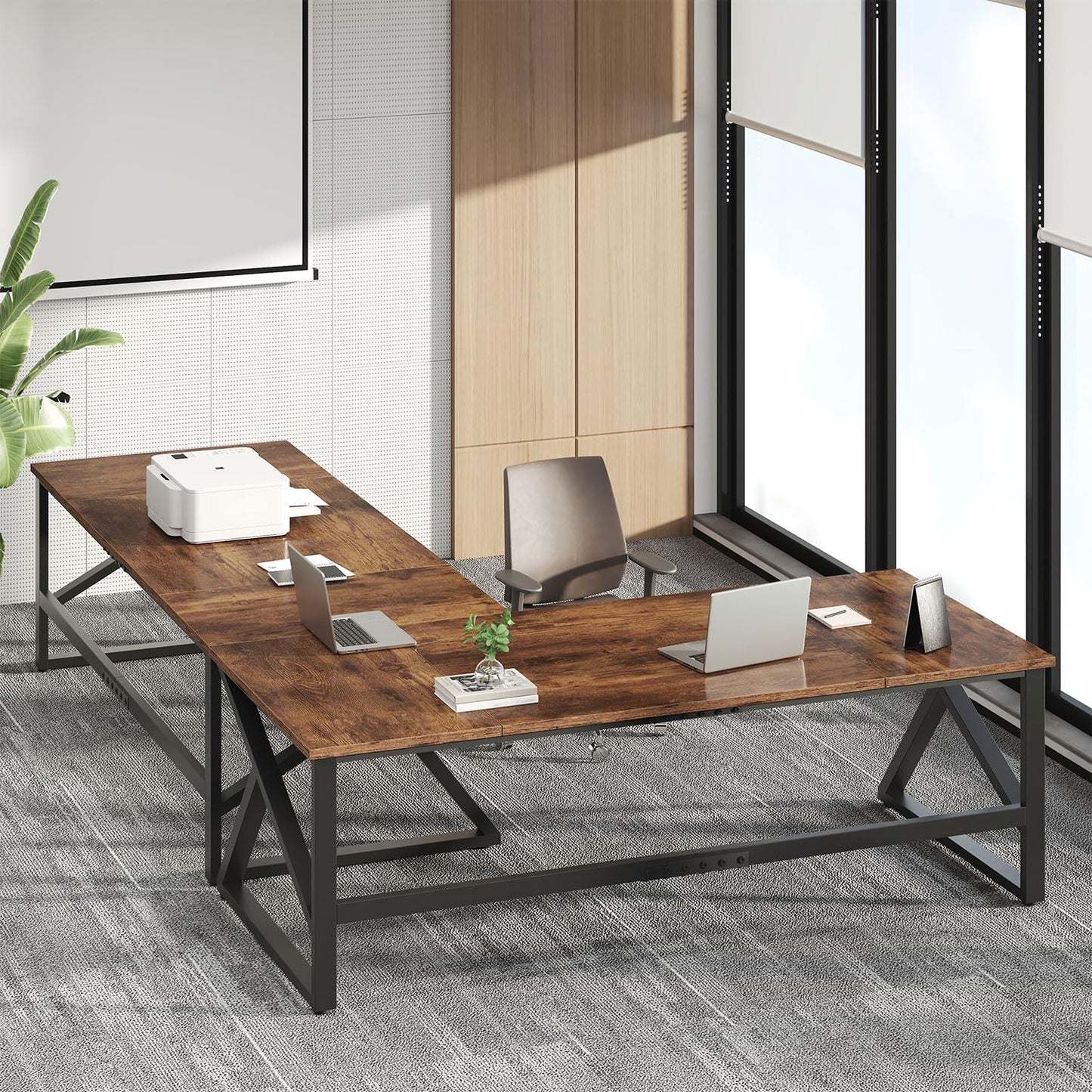 IBF Desk in Brown Colour with a Length of 70 Inches, Industrial Large Double Metal and Wood Desk for Computer, Long Office Table for Home