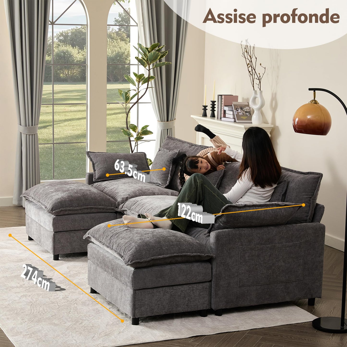 Litbird U-förmiges modulares Sofa 3-Sitzer Ecksofa mit Hocker, tiefes Sitzdesign, Cloud Couch für Wohnzimmer(Hellbraun)
