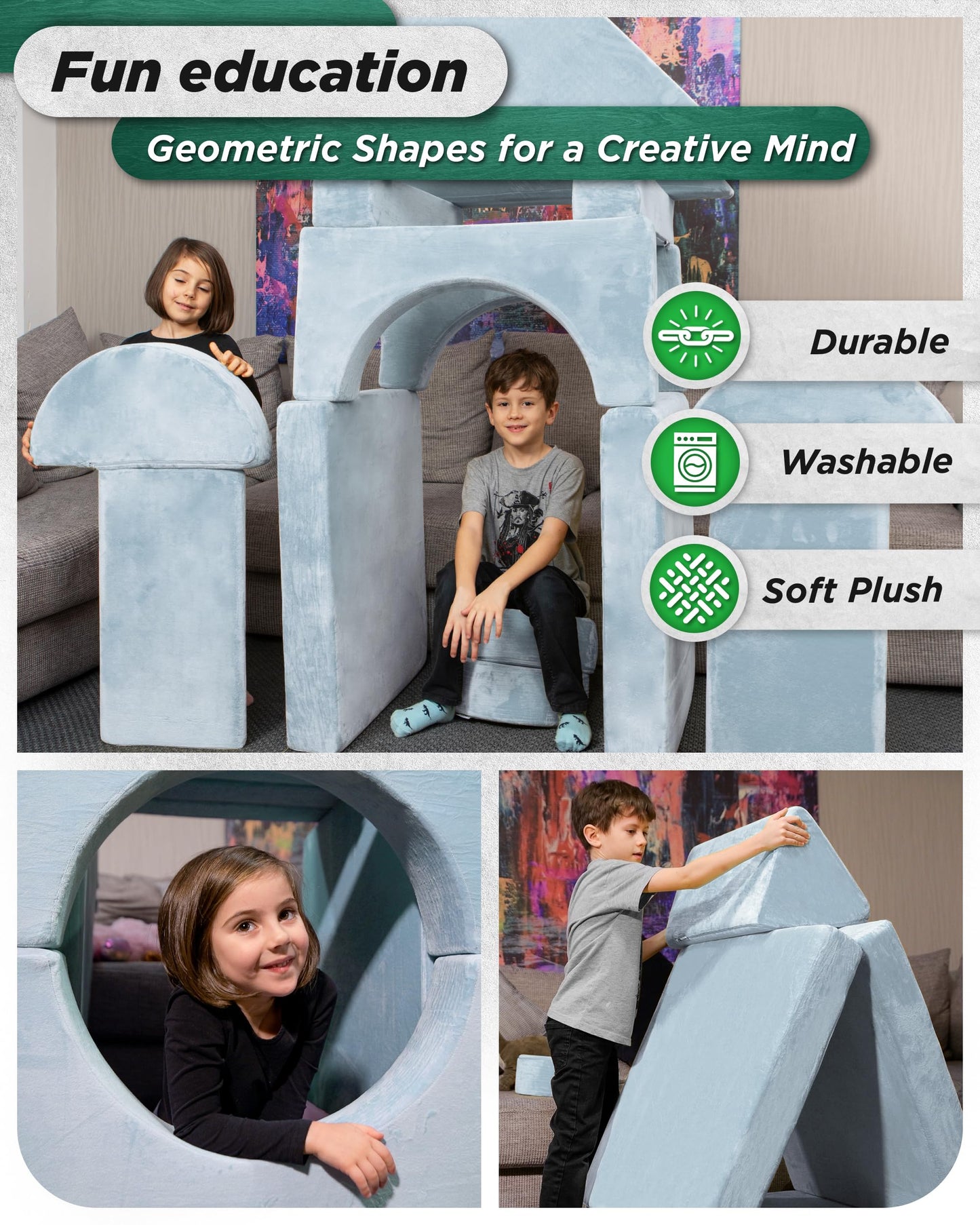 Lunix LX15 14pcs Modular Kids Play Couch, Child Sectional Sofa, Fortplay Bedroom and Playroom Furniture for Toddlers, Convertible Foam and Floor Cushion for Boys and Girls, Gray
