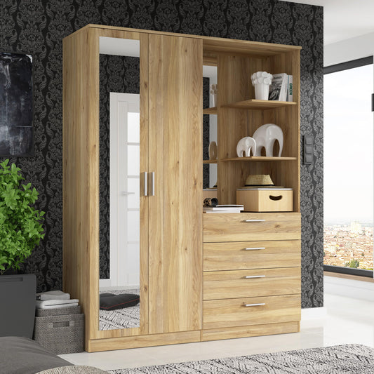 FORTE DEWANIA Kleiderschrank 160, Schrank mit offenen Regalfächern und Spiegel, Holzwerkstoff, Weiß, 159,3 cm breit, 203,4 cm hoch, 52,7 cm tief