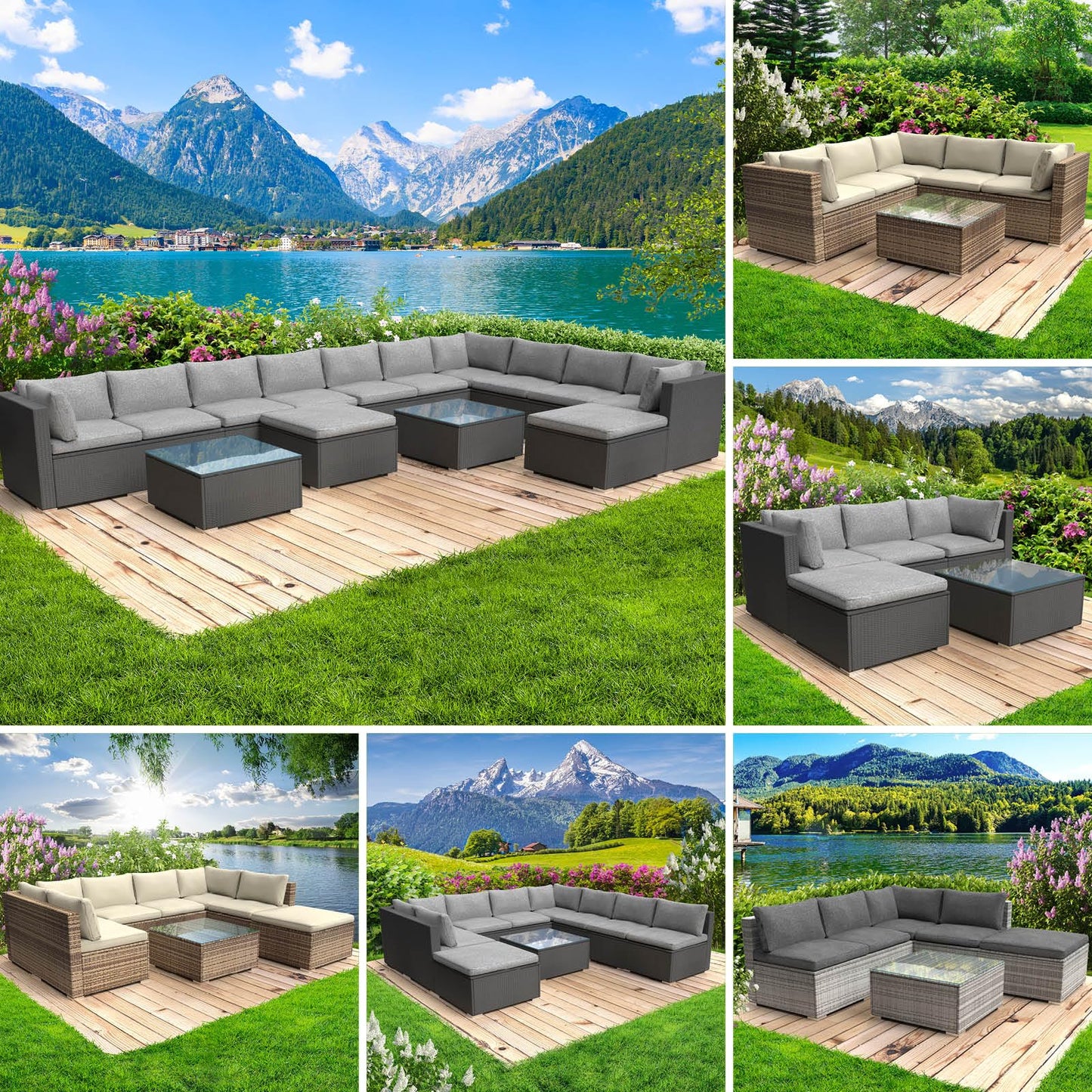 BRAST® Gartenmöbel Lounge Set XXL | 8-12 Personen viele Modelle & Farben | inkl. extra Dicke Kissen | TÜV geprüft | Outdoor Loungemöbel Sitzgruppe Essgruppe Garnitur | Dreams Grau