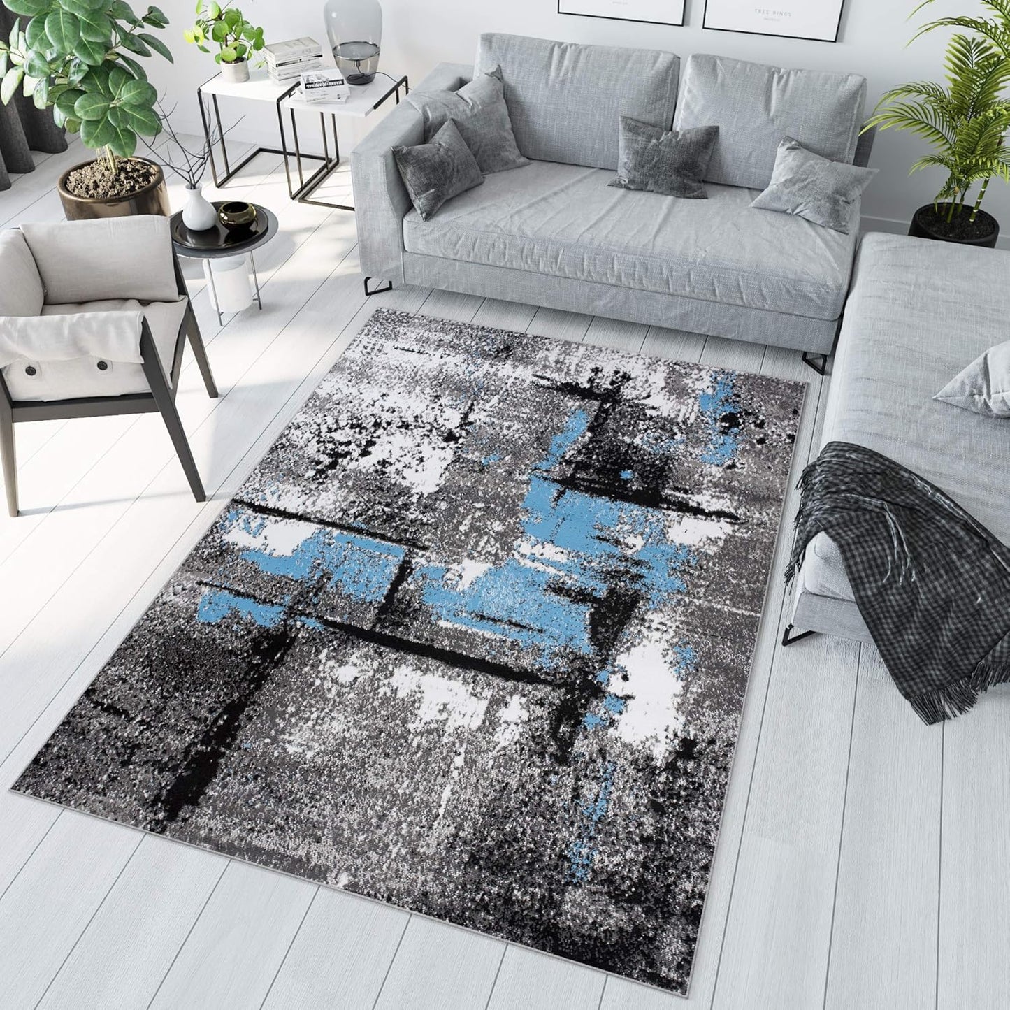TAPISO Maya Short Pile Rug, Modern Floral Design, Black/Grey/Yellow/White, for Bedrooms, Children's Rooms, OEKO-TEX, 160 x 230 cm