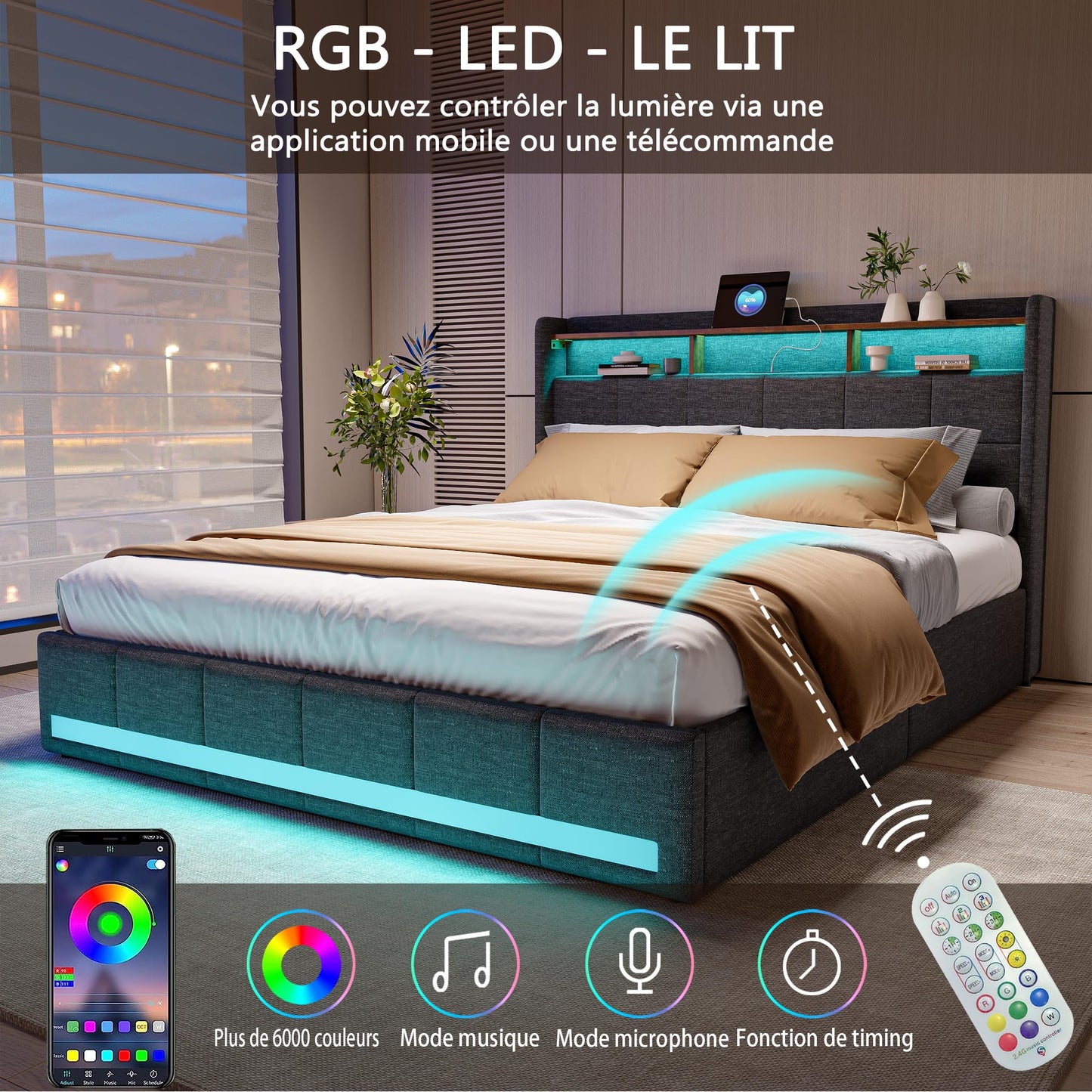 KeepGoon Doppelbett 140 x 200 cm,Polsterbett mit LED-Leuchten, 4 Eisenschubladen und einem USB Ladeanschluss,Stauraumbetten Bettgestell,Leinenstoff (Beige)