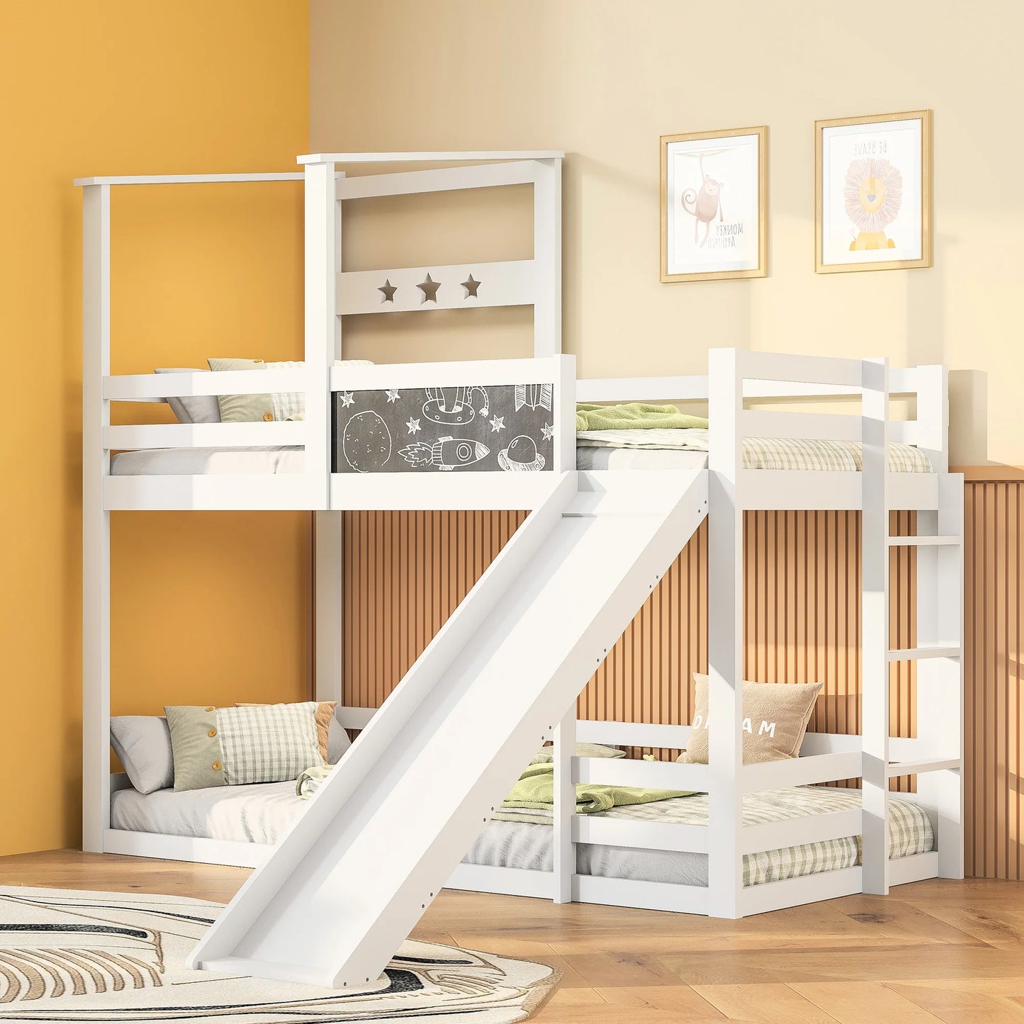 Rosahqnda bunk bed for 2 children, children bed with slide, ladder and blackboard, solid wood children's bed with anti-out protection