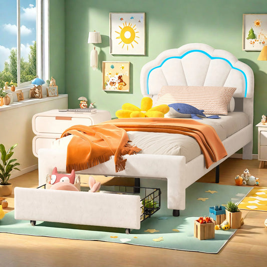 Rosahqnda Children bed with LED&drawers,girl's bed,Single bed Double bed 90-140*200 cm,velvet,White