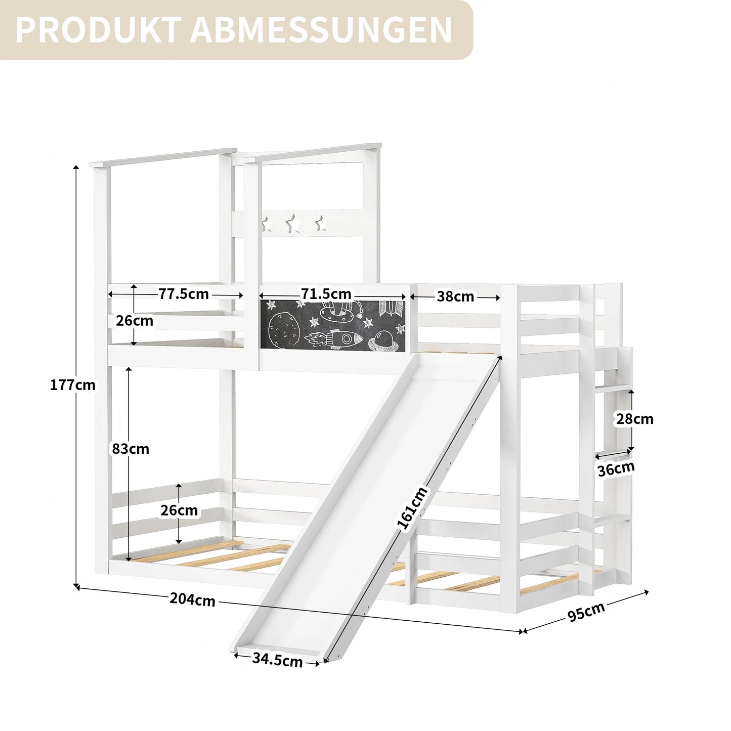 Rosahqnda bunk bed for 2 children, children bed with slide, ladder and blackboard, solid wood children's bed with anti-out protection