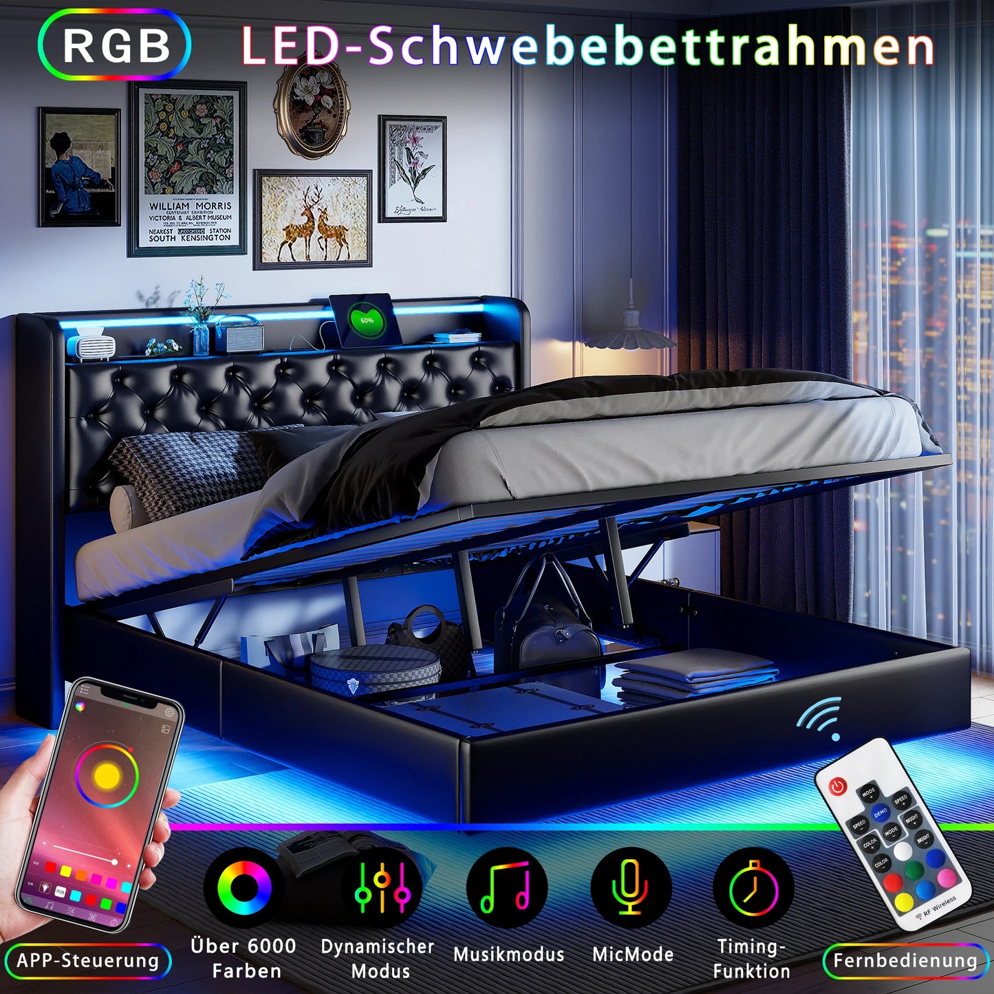 Comanlai Upholstered Bed,Double Bed,160 x 200 cm,Storage Bed with LED Headboard,with Storage Space and USB Connection,PU,Black