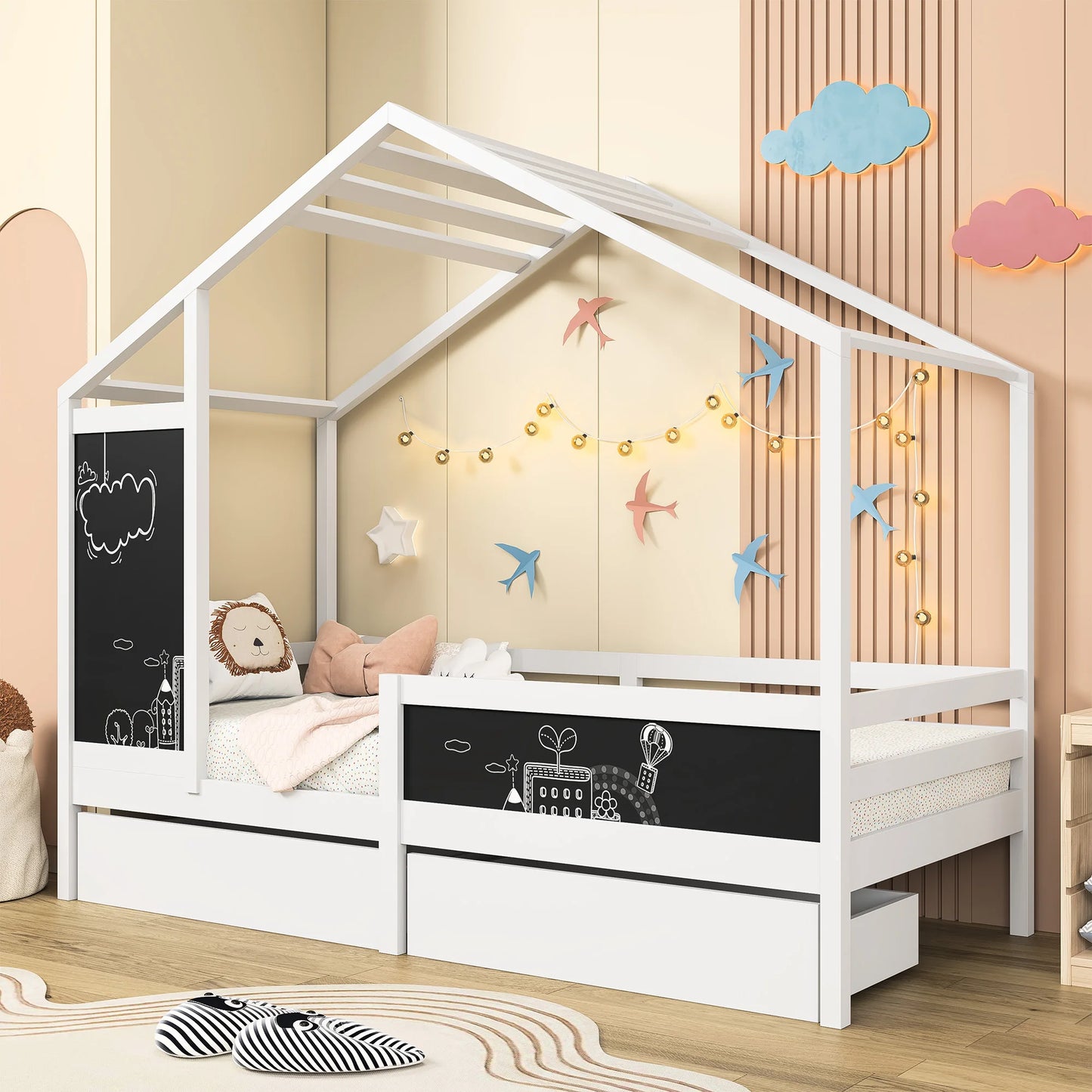 Comanlai Children's house bed 90 x 200 cm, wooden bed with blackboard and 2 drawers, solid wood with fence and slatted frame