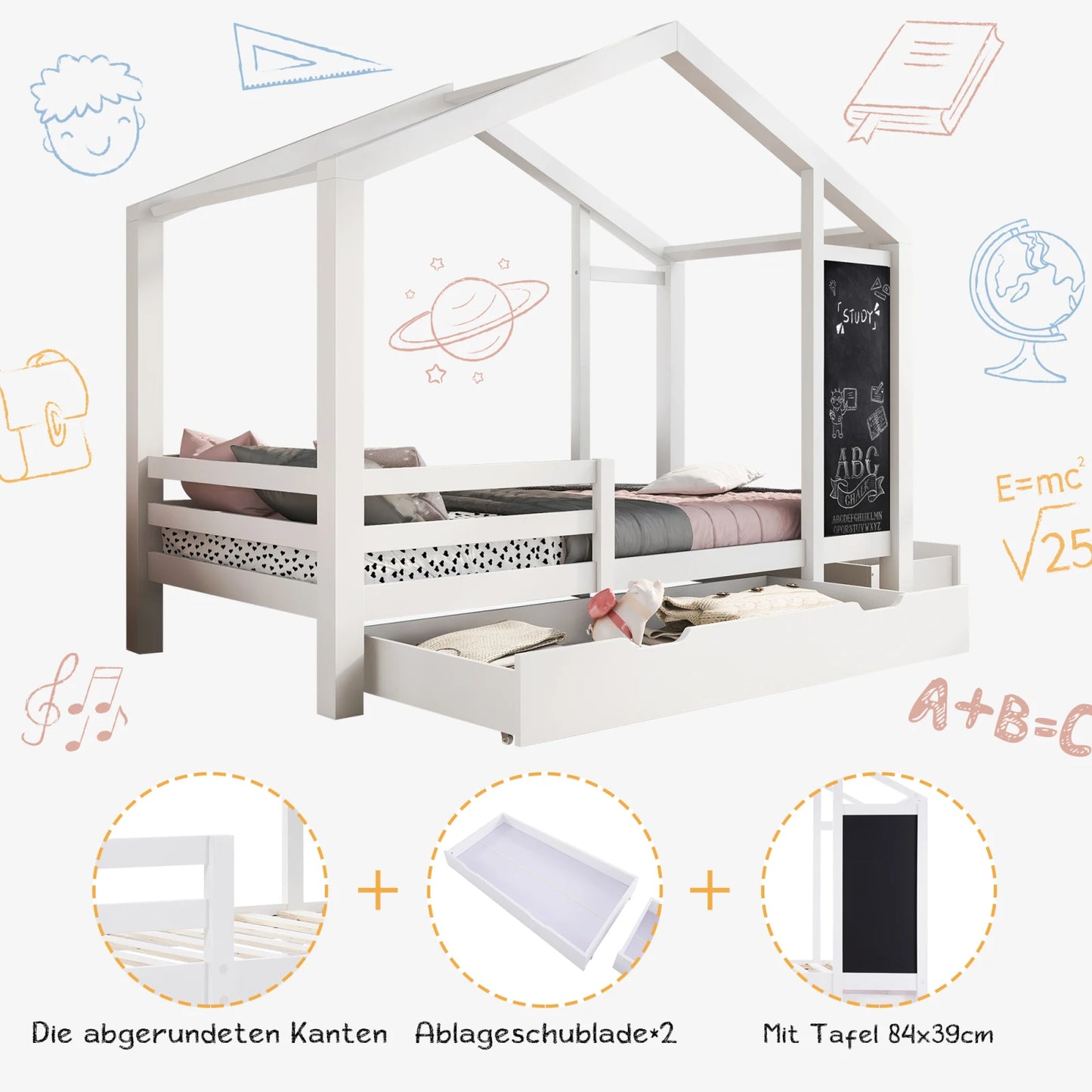 White Children's house bed 90x200 cm solid wood fence slatted frame belt blackboard and 2 drawers wooden bed (without mattress)