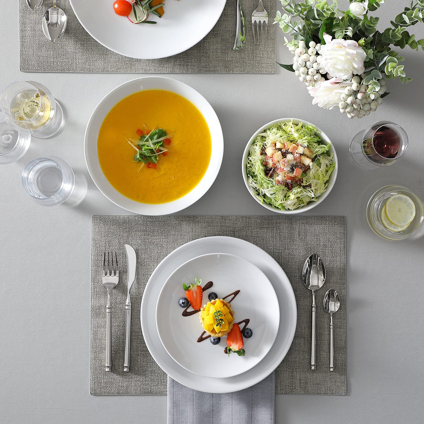 MALACASA Geschirrset 6 Personen, Amelia 24-tlg Modernes Porzellan Geschirr Set, Tafelservice mit je 6 Speiseteller, Dessertteller, Suppenteller und Müslischalen, Teller Set 6 Personen - Weiß