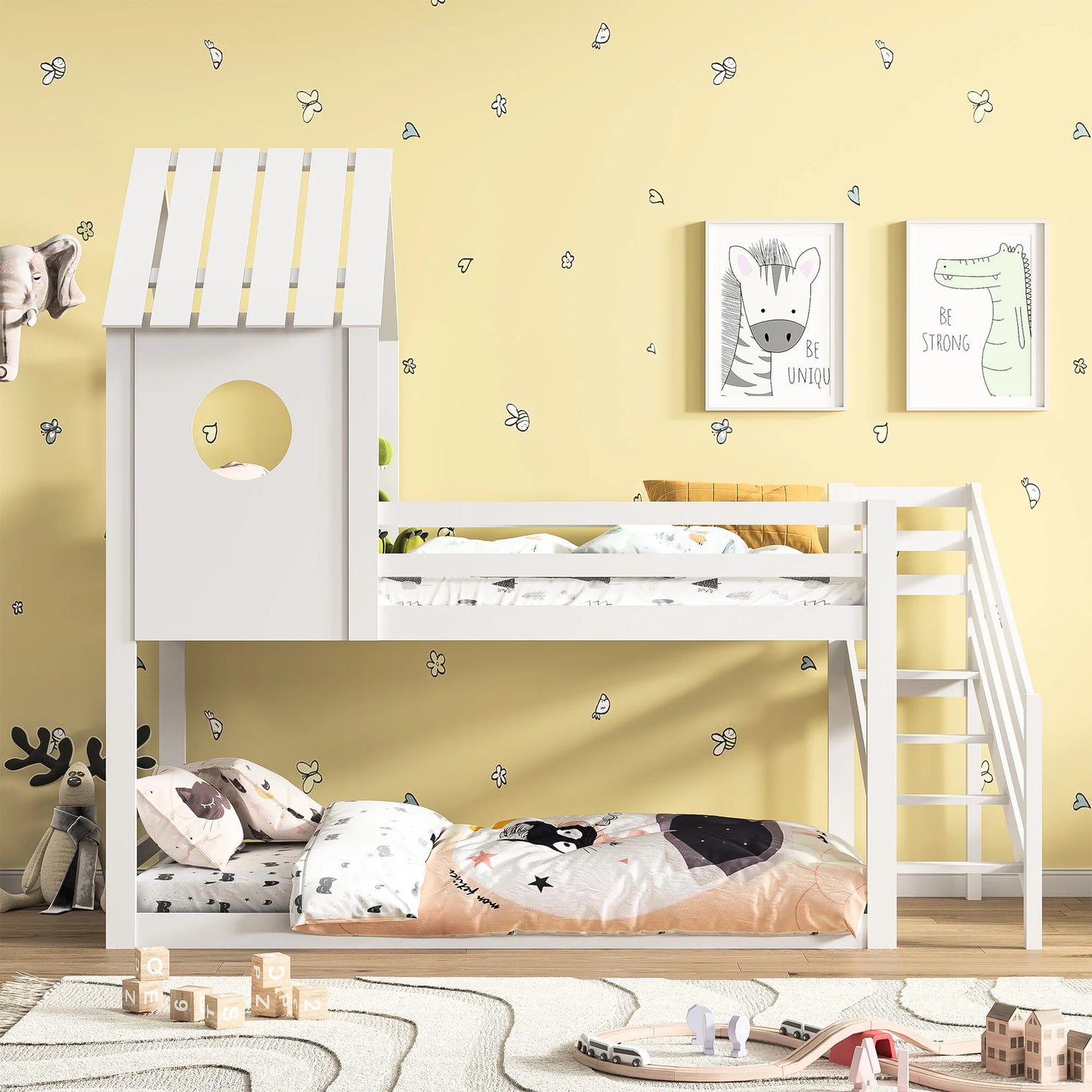 Rosahqnda children's bunk bed 90x200 cm with crash protection and slatted frame