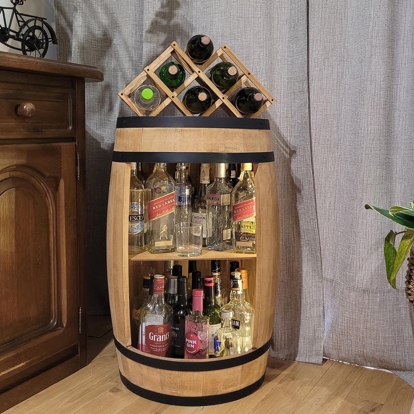 Barrel Bar with LED Lighting and Wine Holder Wine Rack - Wooden Barrel Home Bar 80 cm Rustic Decorative Bar Cabinet Wine Stand - Barrel Beer Wine Bottle Stand - Bar Whisky Gift (Dark Brown)