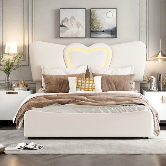 Rosahqnda Double Bed 140-160*200cm,Upholstered Storage Bed,hydraulic Functional bed with LED,youth bed,Adult Bed,velvet,Beige