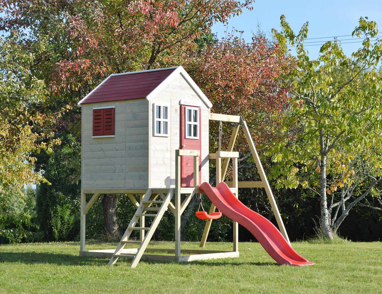 Wendi Toys M24G Children's Outdoor Stilt House with Slide and Swing, 330 x 350 x 242 cm, Grey, FSC Wood, Playhouse Children Outdoor with Swing & Plastic Slide for Garden, Playground for Garden