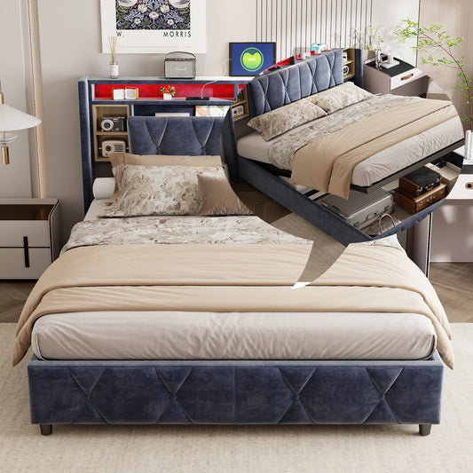Upholstered bed air pressure bed with storage space headboard + USB light bar double bed storage headboard with gray velvet 140*200CM