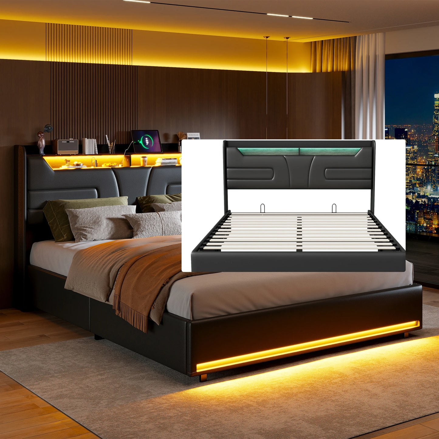 Wooden Aura 140 × 200 cm Upholstered bed hydraulic double bed with charging USB and LED LED strip with storage space under bed