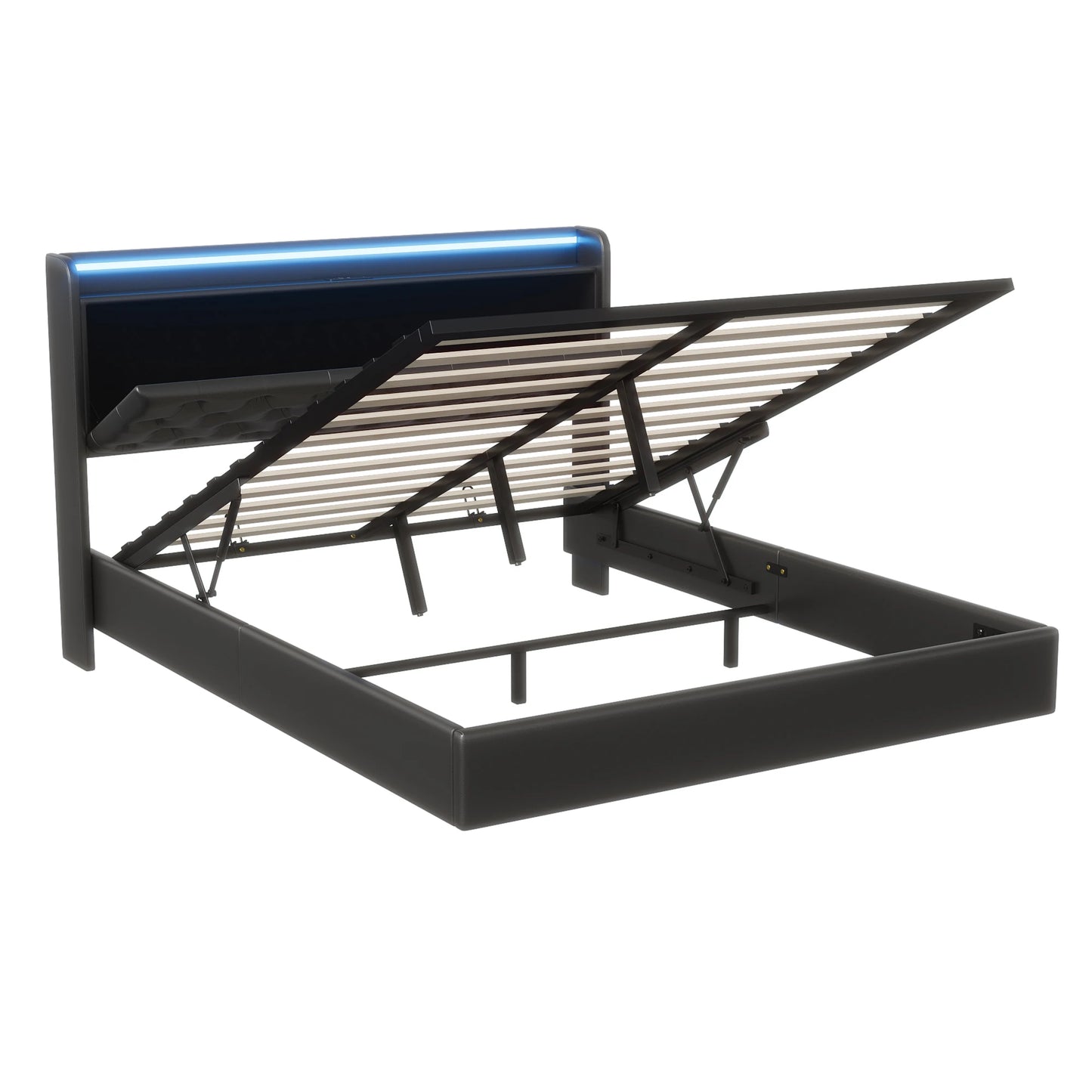 Comanlai Upholstered Bed,Double Bed,160 x 200 cm,Storage Bed with LED Headboard,with Storage Space and USB Connection,PU,Black