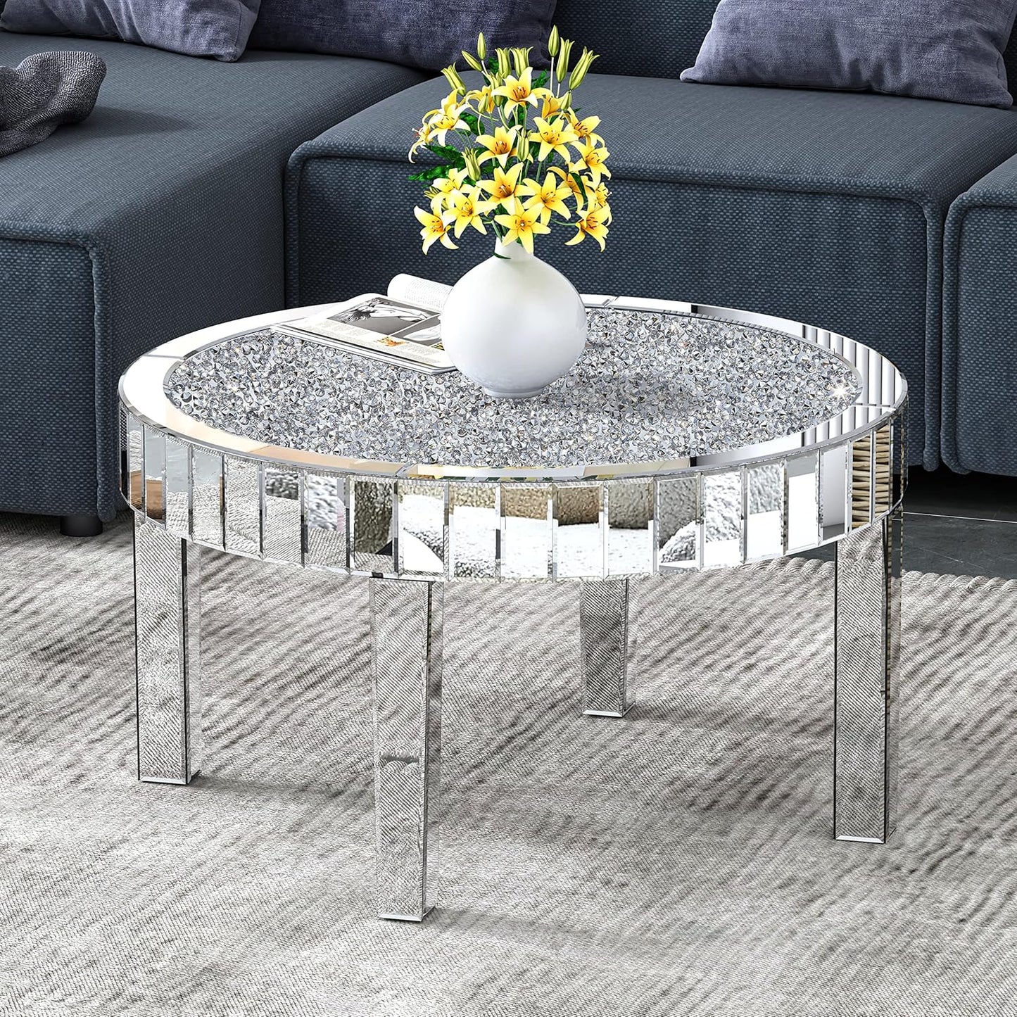 SHYFOY Mirrored Coffee Table Crystal, Round Living Room Table, Sofa Table for Living Room, Top with Crystal Diamonds, MDF Structure, Easy Assembly, Luxurious Mirror Furniture, Silver