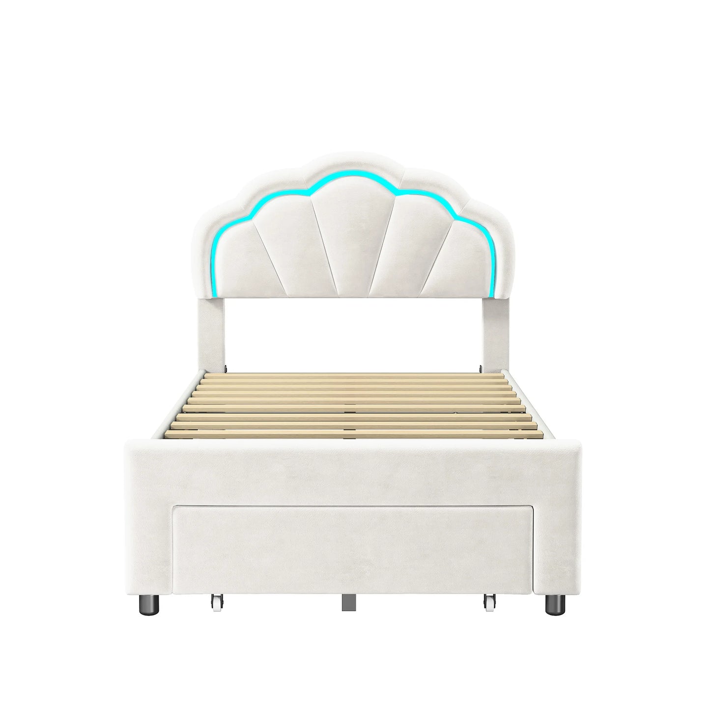 Rosahqnda Children bed with LED&drawers,girl's bed,Single bed Double bed 90-140*200 cm,velvet,White