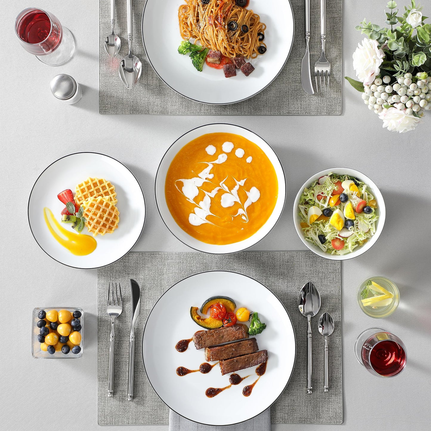 MALACASA Geschirrset 6 Personen, Amelia 24-tlg Modernes Porzellan Geschirr Set, Tafelservice mit je 6 Speiseteller, Dessertteller, Suppenteller und Müslischalen, Teller Set 6 Personen - Weiß