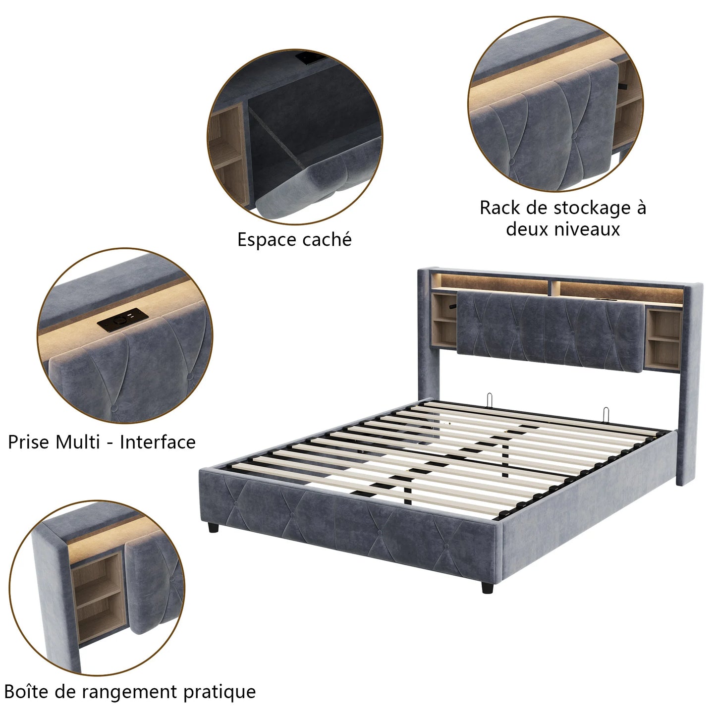Upholstered bed air pressure bed with storage space headboard + USB light bar double bed storage headboard with gray velvet 140*200CM