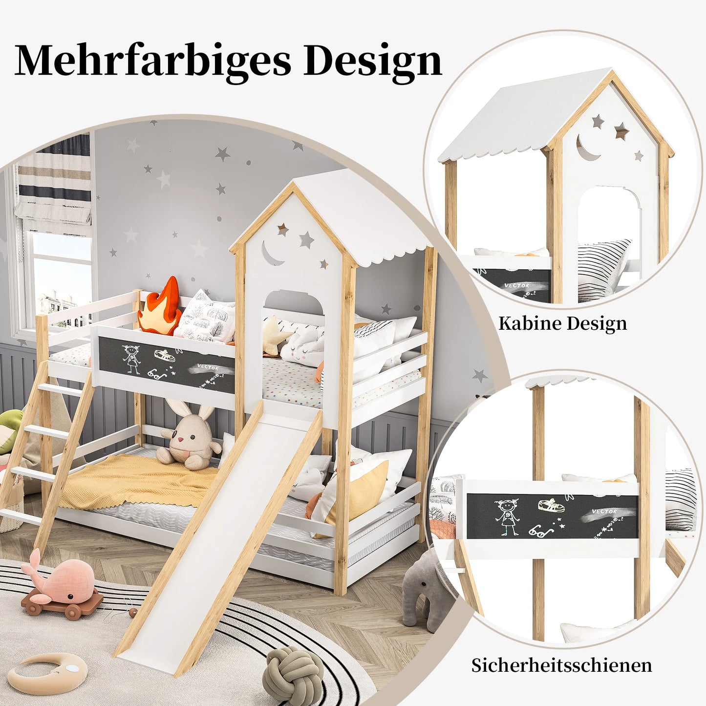 Rosahqnda 2 Children Bunk Beds 90x200 cm with crash protection and slatted frame, children's playground for boys and girls,