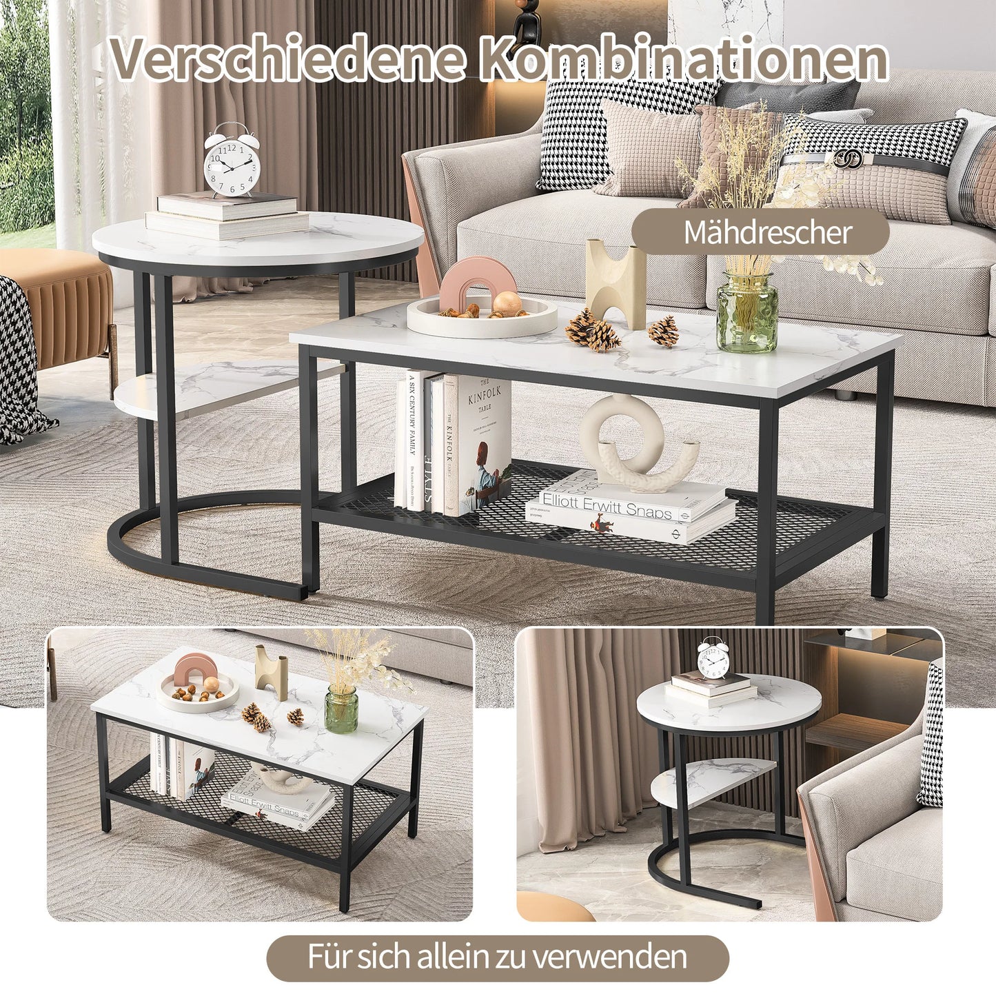 2-in-1 Coffee Table, Side Table with Metal Frame, Round and Rectangular Coffee Table for Living Room and Bedroom, Black