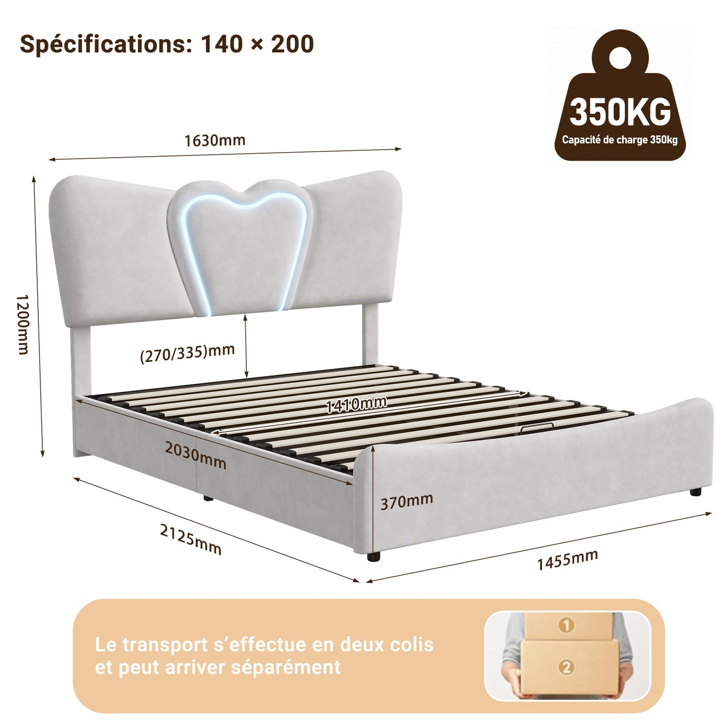 Rosahqnda Double Bed 140-160*200cm,Upholstered Storage Bed,hydraulic Functional bed with LED,youth bed,Adult Bed,velvet,Beige