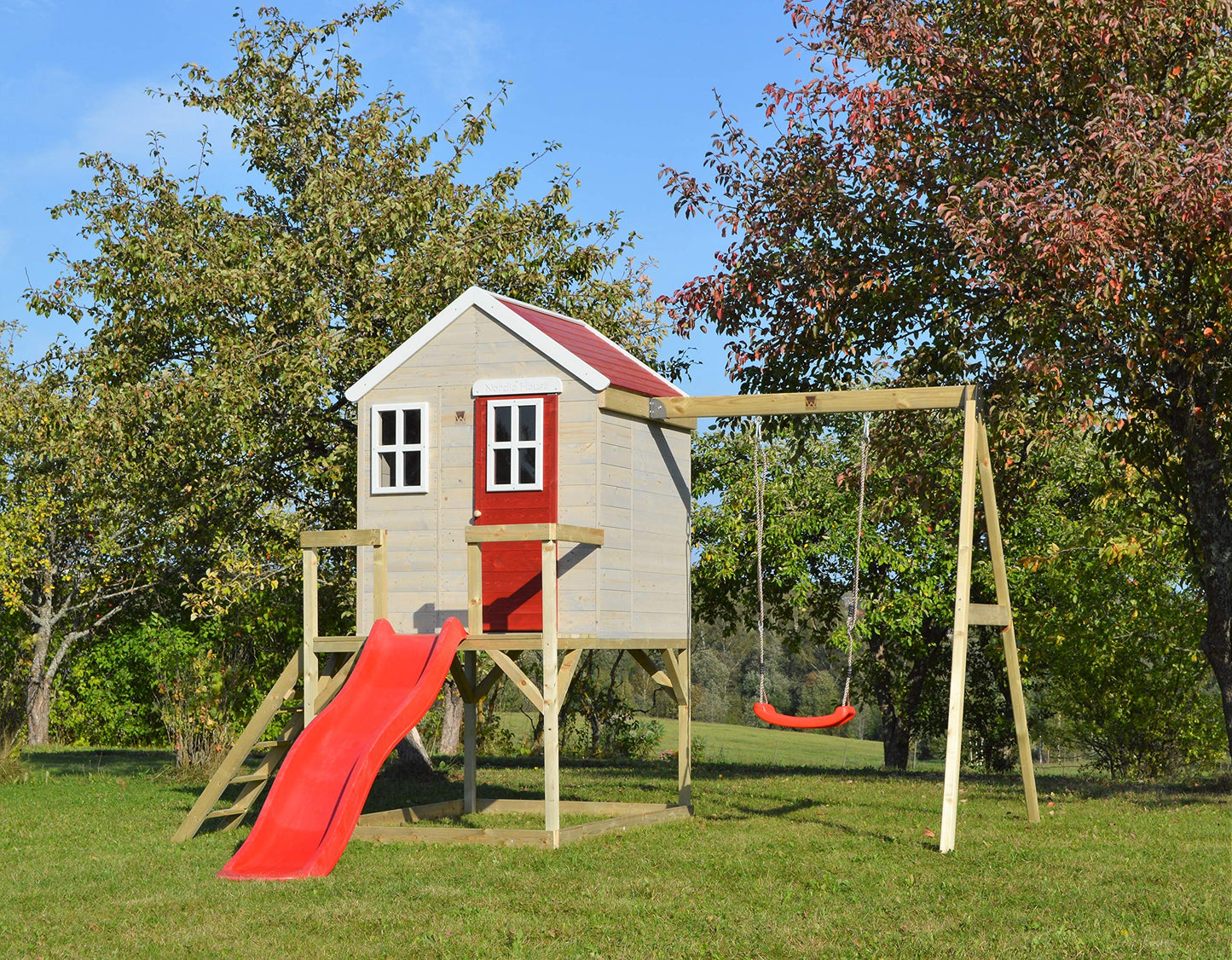 Wendi Toys M24G Children's Outdoor Stilt House with Slide and Swing, 330 x 350 x 242 cm, Grey, FSC Wood, Playhouse Children Outdoor with Swing & Plastic Slide for Garden, Playground for Garden