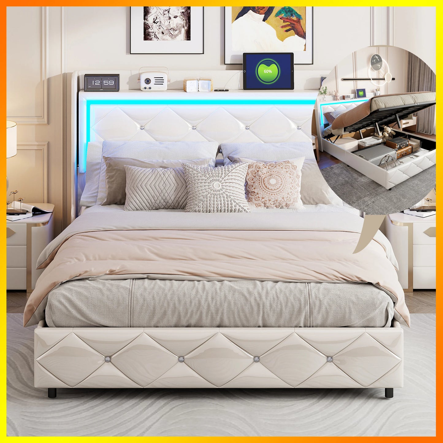 140x200cm PU upholstery bed, White single and double bed with slatted frame, wood headboard with decorative buttons and rivet RGB LED
