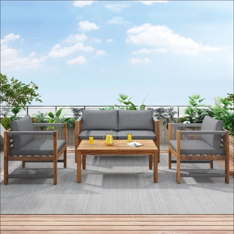 Merax Louneset garden furniture with Cushion Double Sofa 2 armchair table Outdoor table in Acacia Rattan Look Outdoor