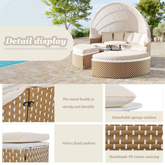 Merax garden lounge armchair set, Sun Island, rattan table & Chairs, shell bed, pull-out canopy, beige, pillow incl.